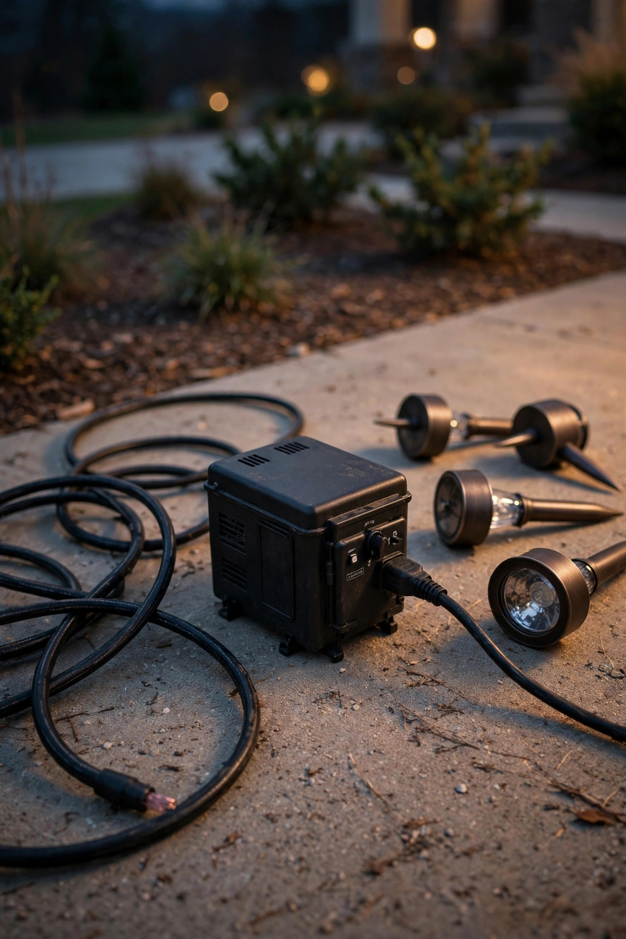 Close-up of landscape lighting cable, a transformer and several path light fixtures laid out on a driveway before installation, the main parts that drive front yard lighting cost