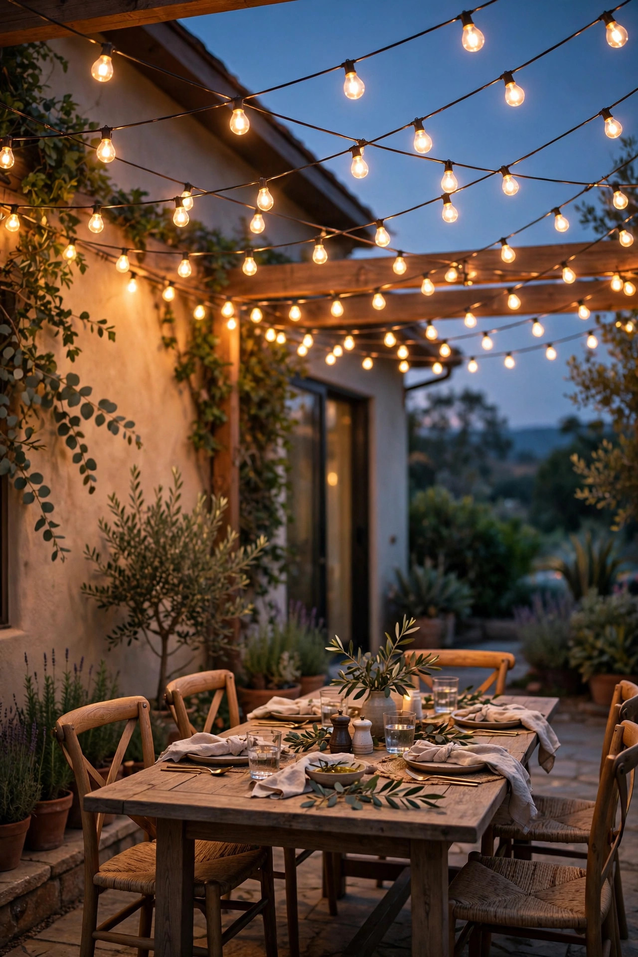 Crisscross canopy of warm string lights above a patio dining table at twilight