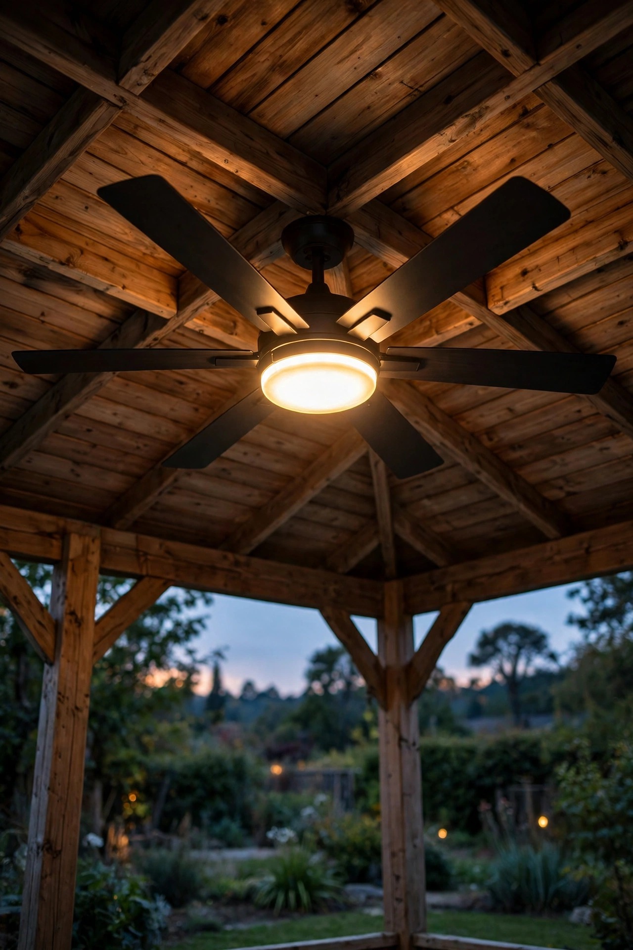 Damp-rated outdoor ceiling fan with integrated warm LED light kit mounted in a wooden gazebo ceiling