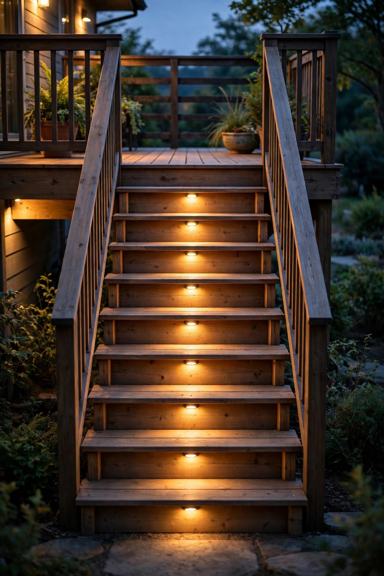 Deck staircase at dusk with small warm recessed riser lights glowing on each step, wooden treads softly illuminated from above, inviting and safe evening staircase