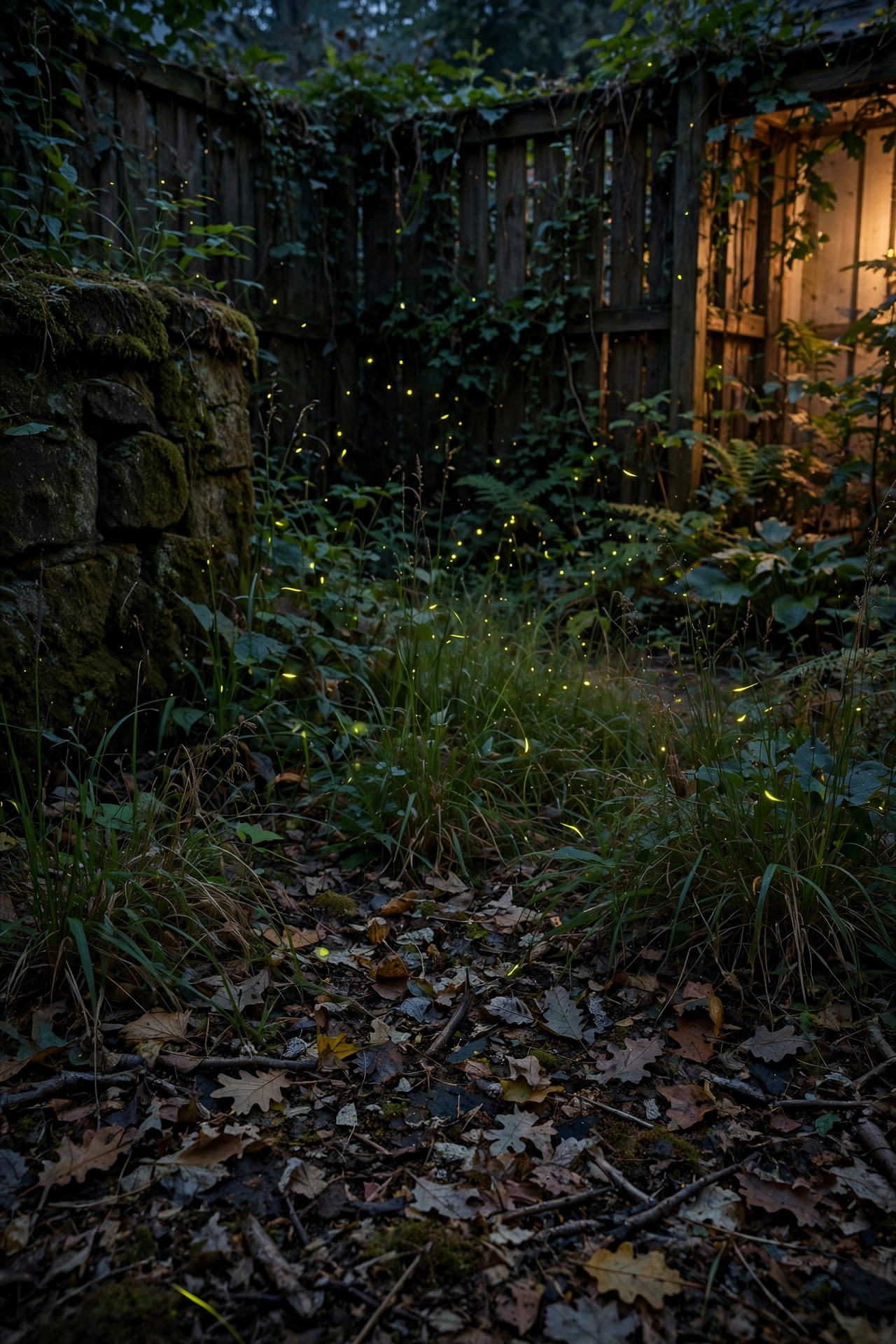 Dark unlit corner of a garden at dusk with long grass, leaf litter, and fireflies flashing above the beds