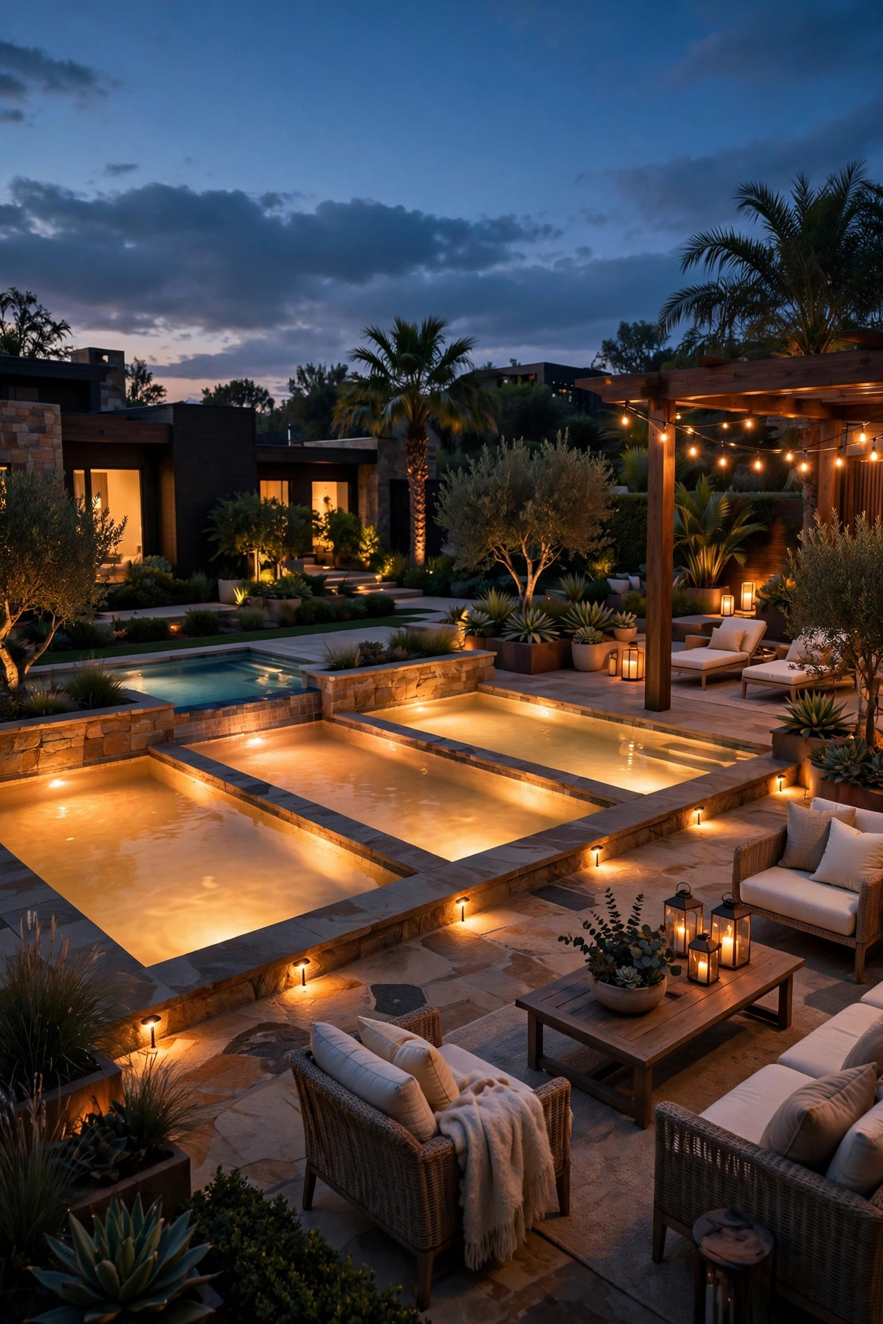 Pool deck at twilight divided into glowing zones with underwater light, deck edge path lights and warm lounge lighting