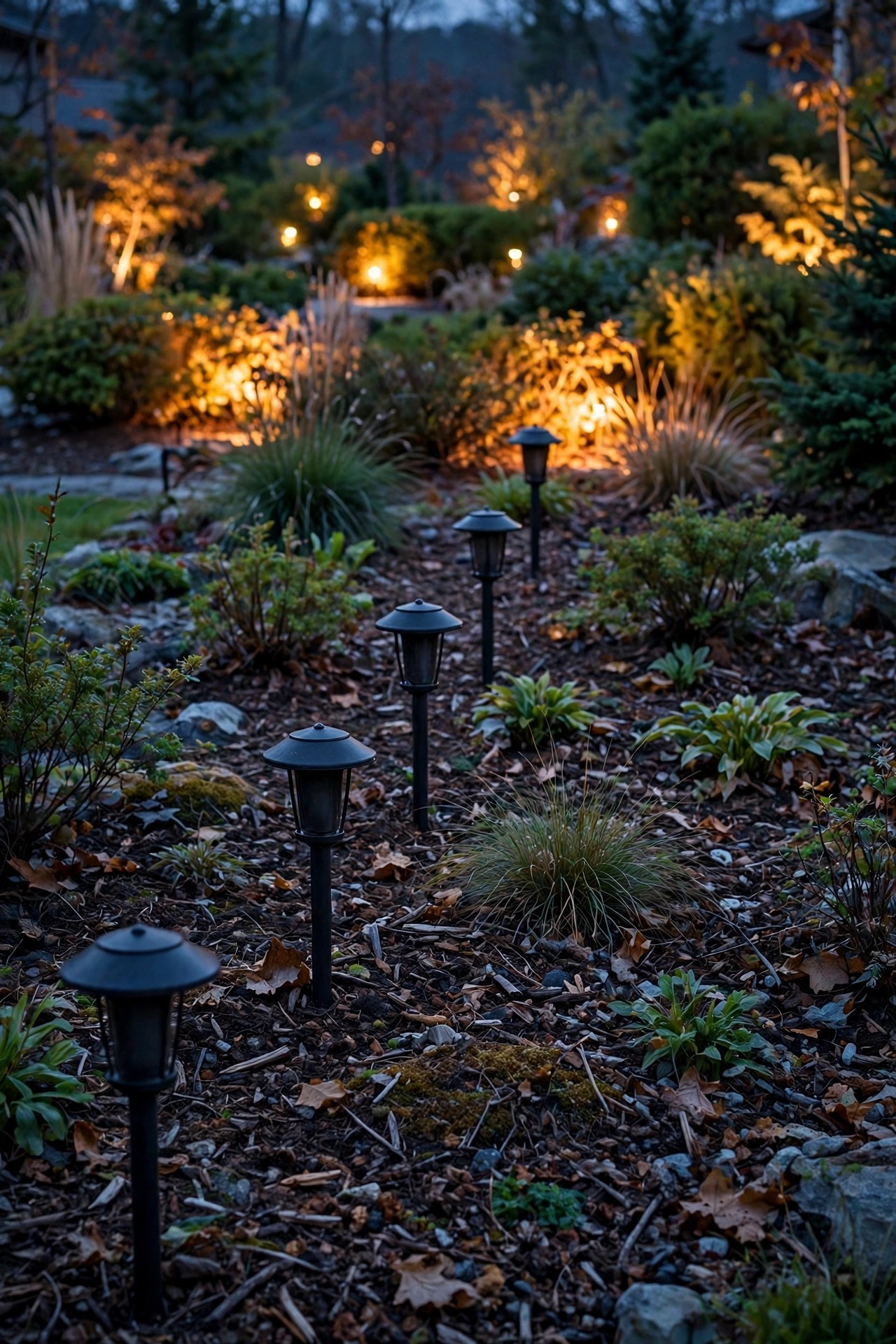 A section of dark, unlit path lights in a mulched garden bed at dusk while neighboring landscape lights glow warmly