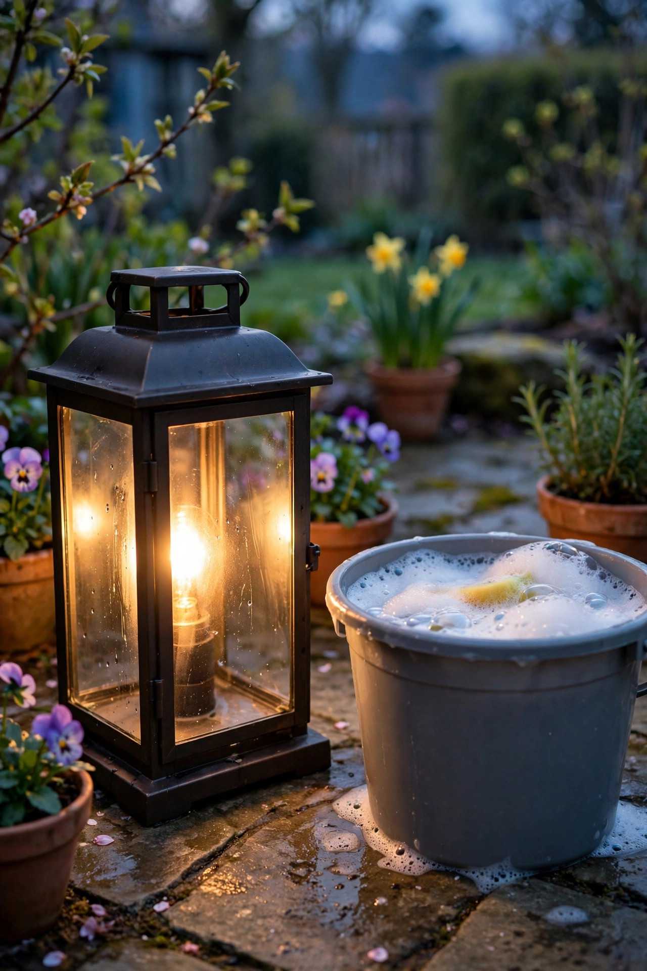 Hands wiping a clean glowing outdoor lantern lens beside a bucket of soapy water on a spring patio