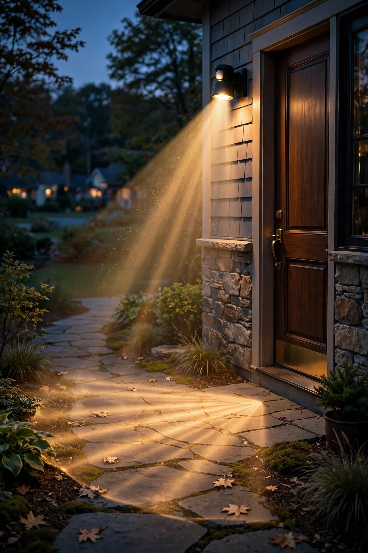 Motion sensor outdoor light glowing at dusk beside a suburban front door, visible detection zone fanning across a stone walkway in warm light