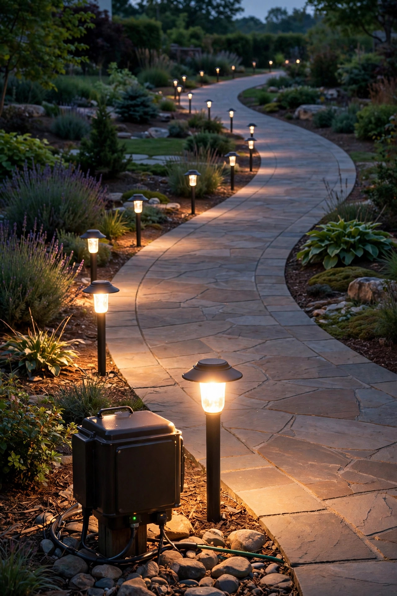 Row of low-voltage path lights along a curved walkway at dusk, bright near the transformer and progressively dimmer toward the end of the run