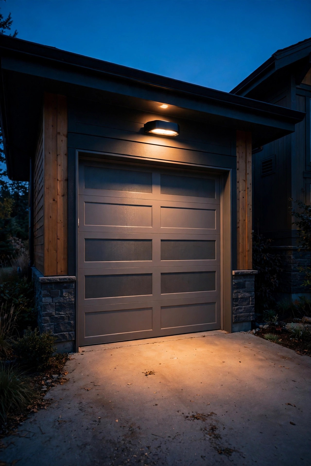 garage front at dusk with a smart flood light glowing at low warm idle brightness above the door, soft pool of amber light on the driveway