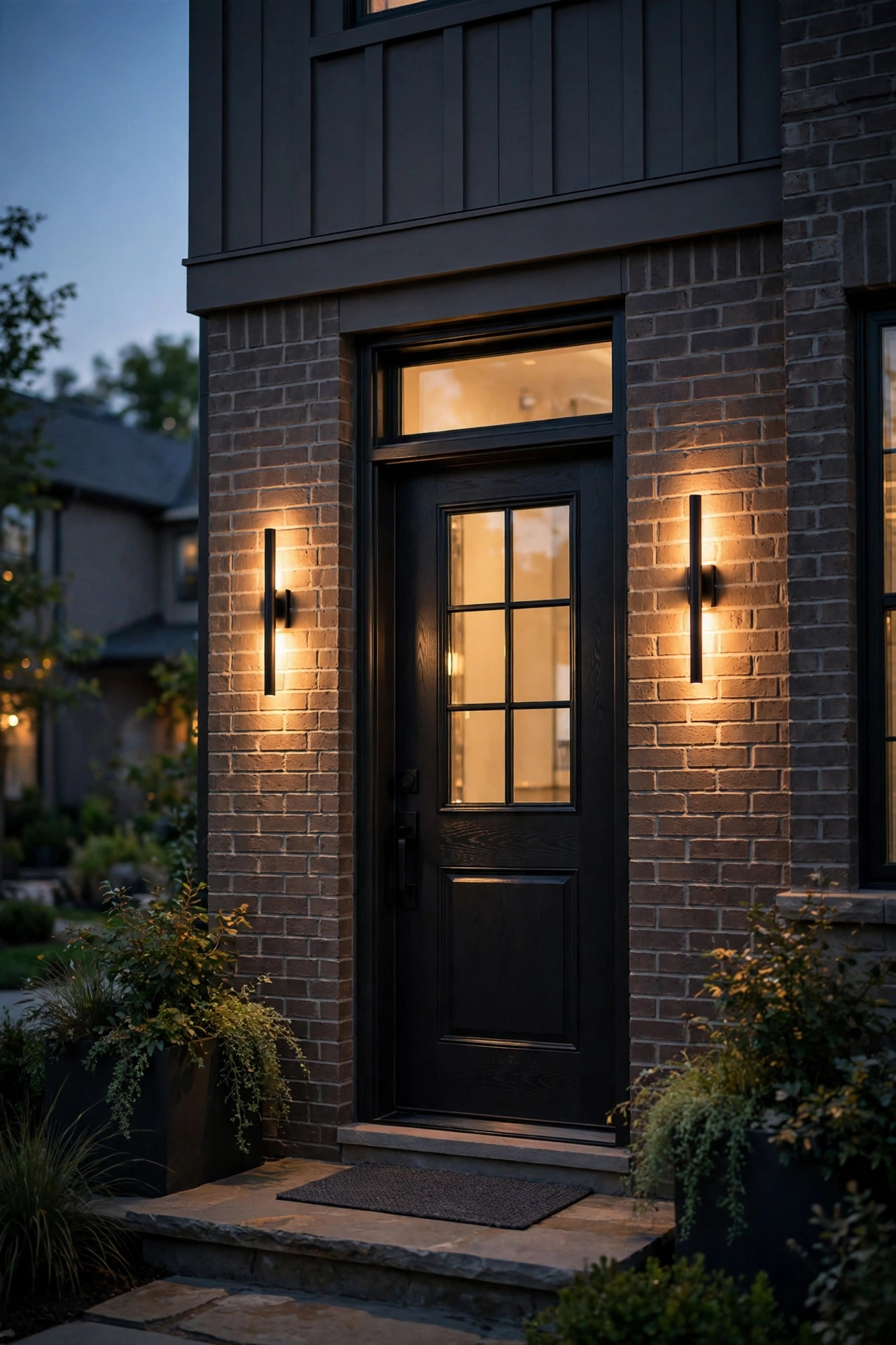 Slim black wall sconces flanking a townhome front door with warm 2700K light at dusk