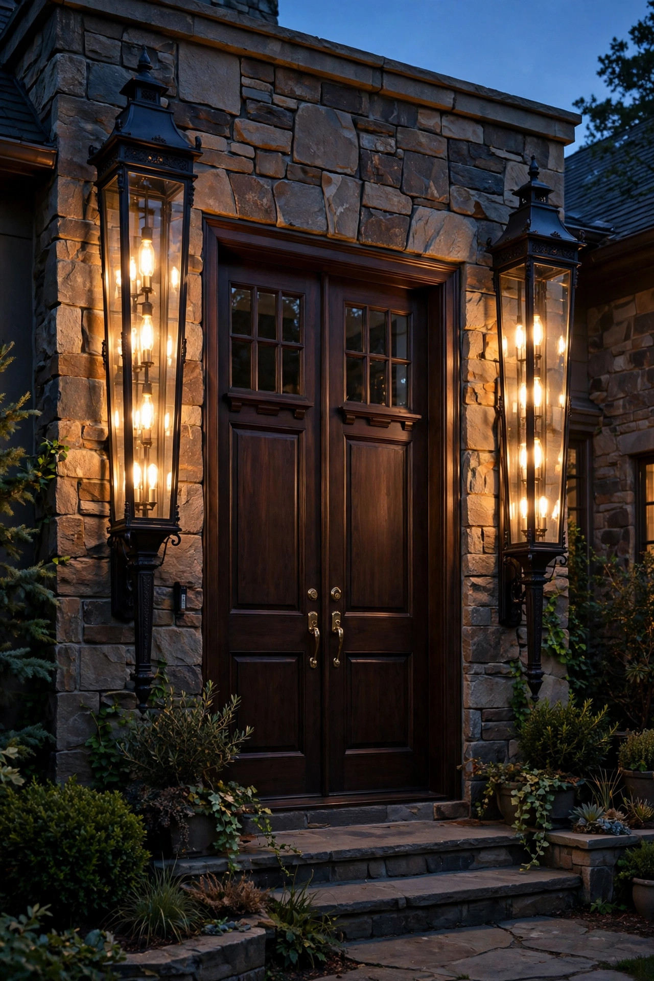 Pair of extra-tall carriage-style oversized sconces flanking a dark wood double front door at dusk, warm filament bulbs glowing