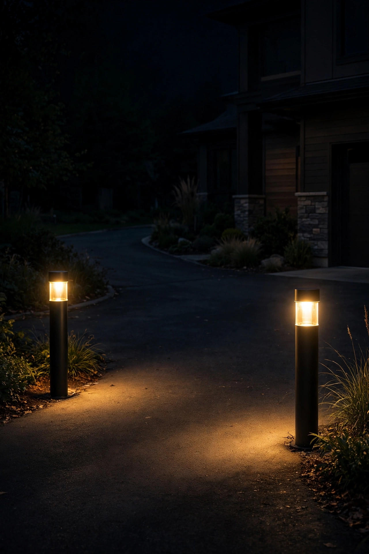 Pair of warm bollard lights marking a driveway entrance at night on a dark street with no streetlights