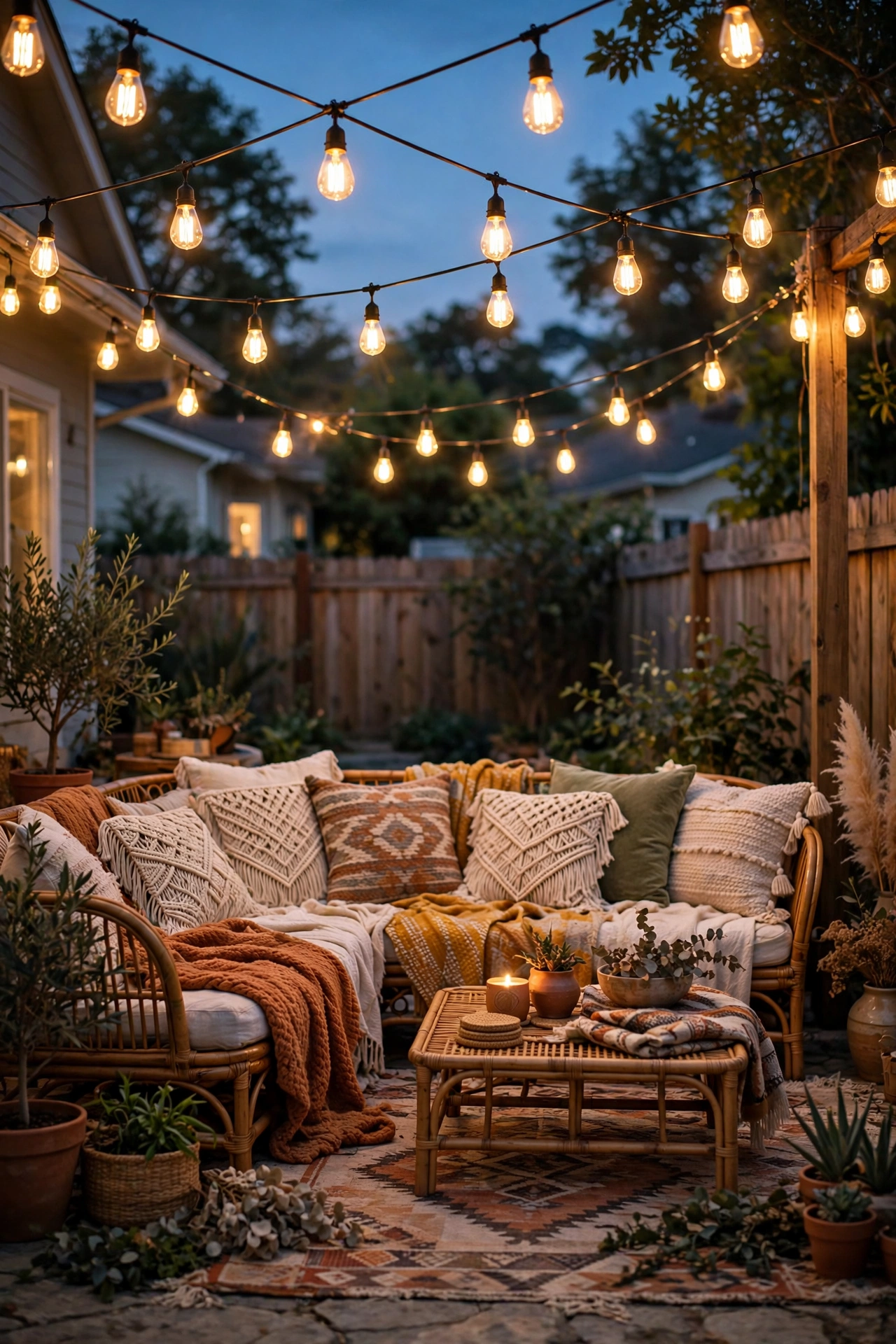 Warm Edison string lights zigzagged over a boho patio with low seating at dusk