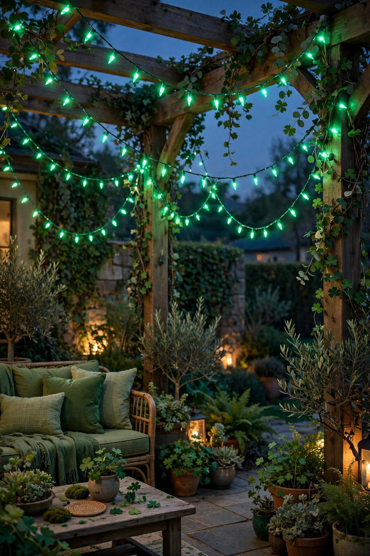 Emerald green LED string lights swagged over a patio at dusk for St. Patrick's Day