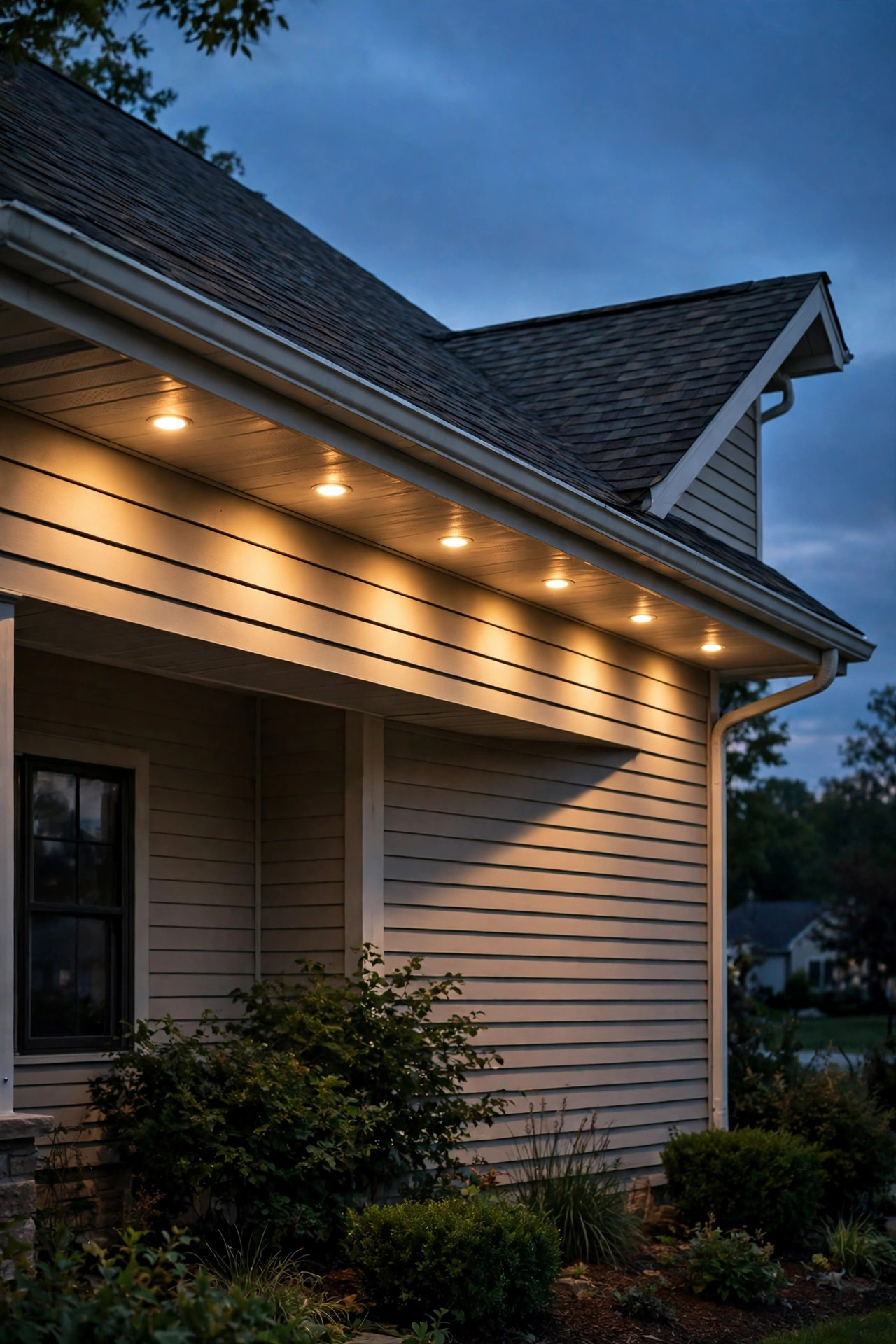 Evenly spaced recessed LED soffit downlights glowing warmly along the front eave of a suburban home at dusk