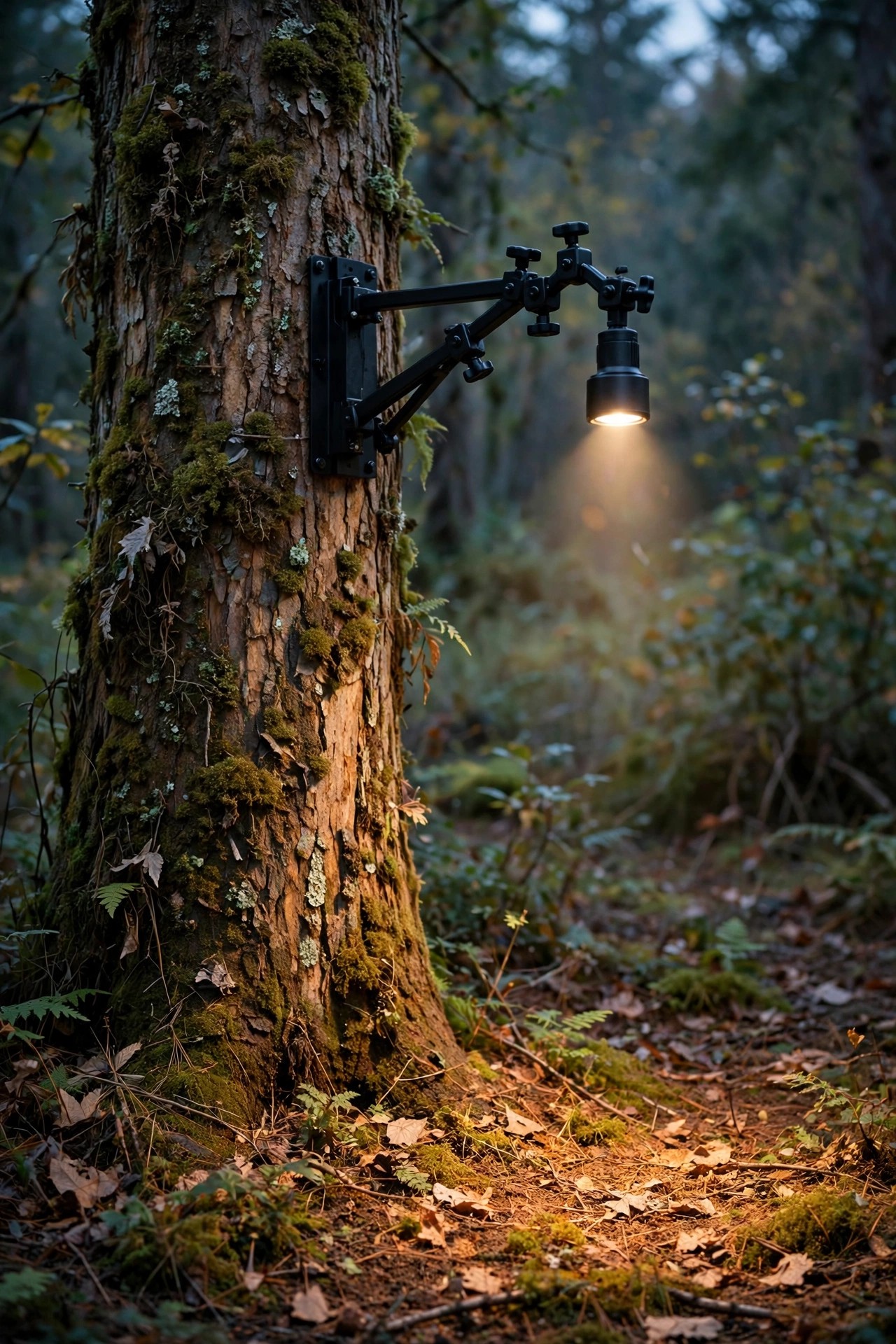 Extension arm bracket mounted on a tree trunk holding a small downlight that casts a soft warm pool of light on the ground below at dusk