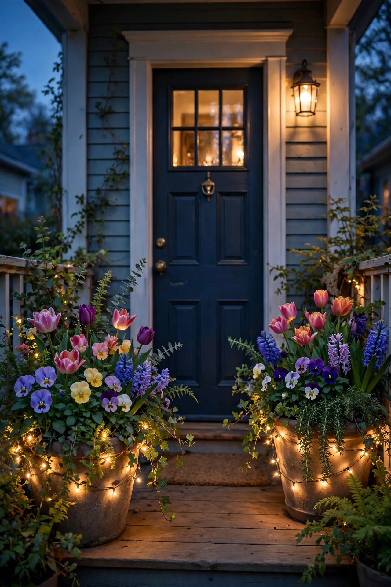 Two blooming spring planters wrapped in warm fairy lights glowing at dusk beside a front door