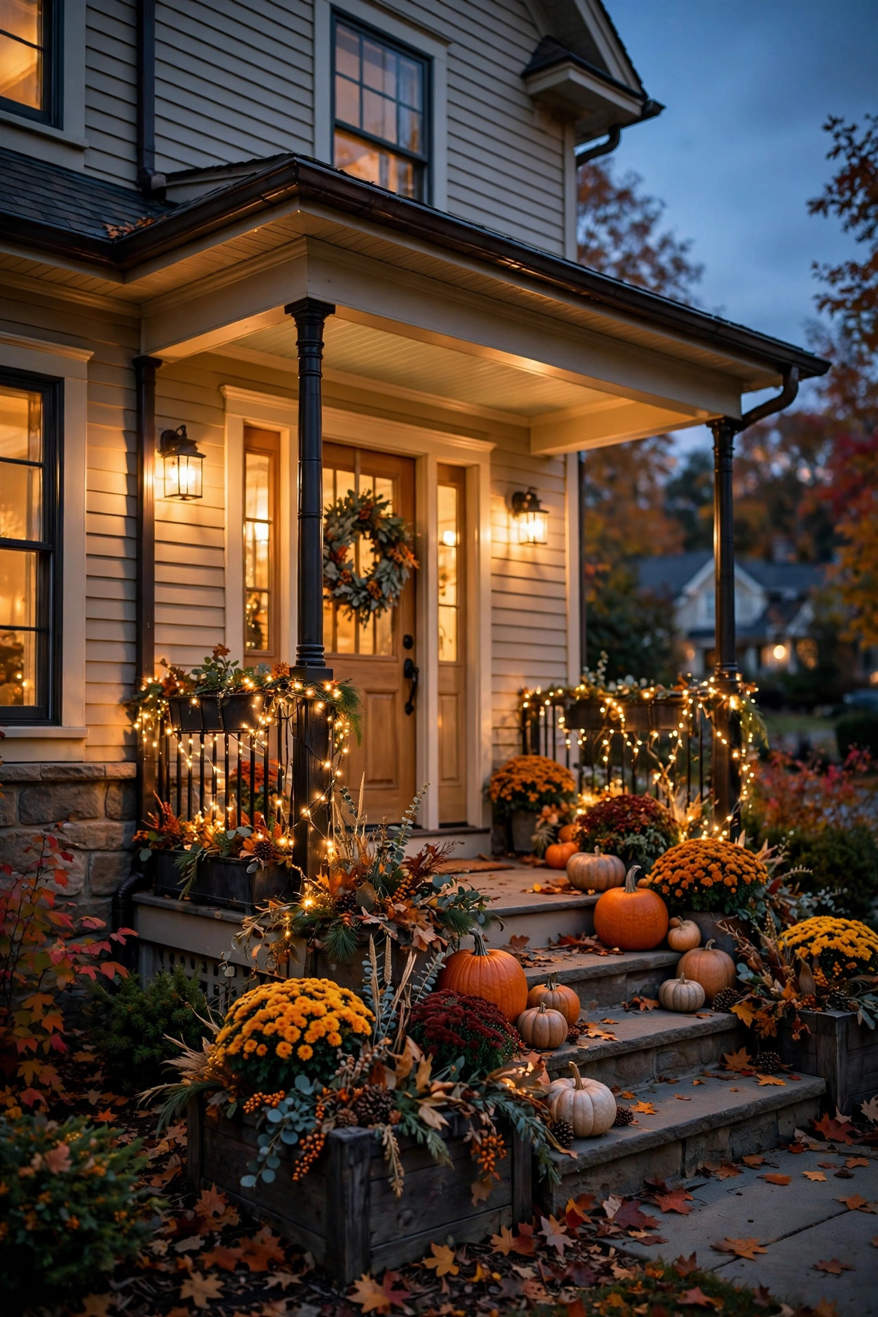 Fairy lights woven through fall planters with pumpkins on a porch at dusk