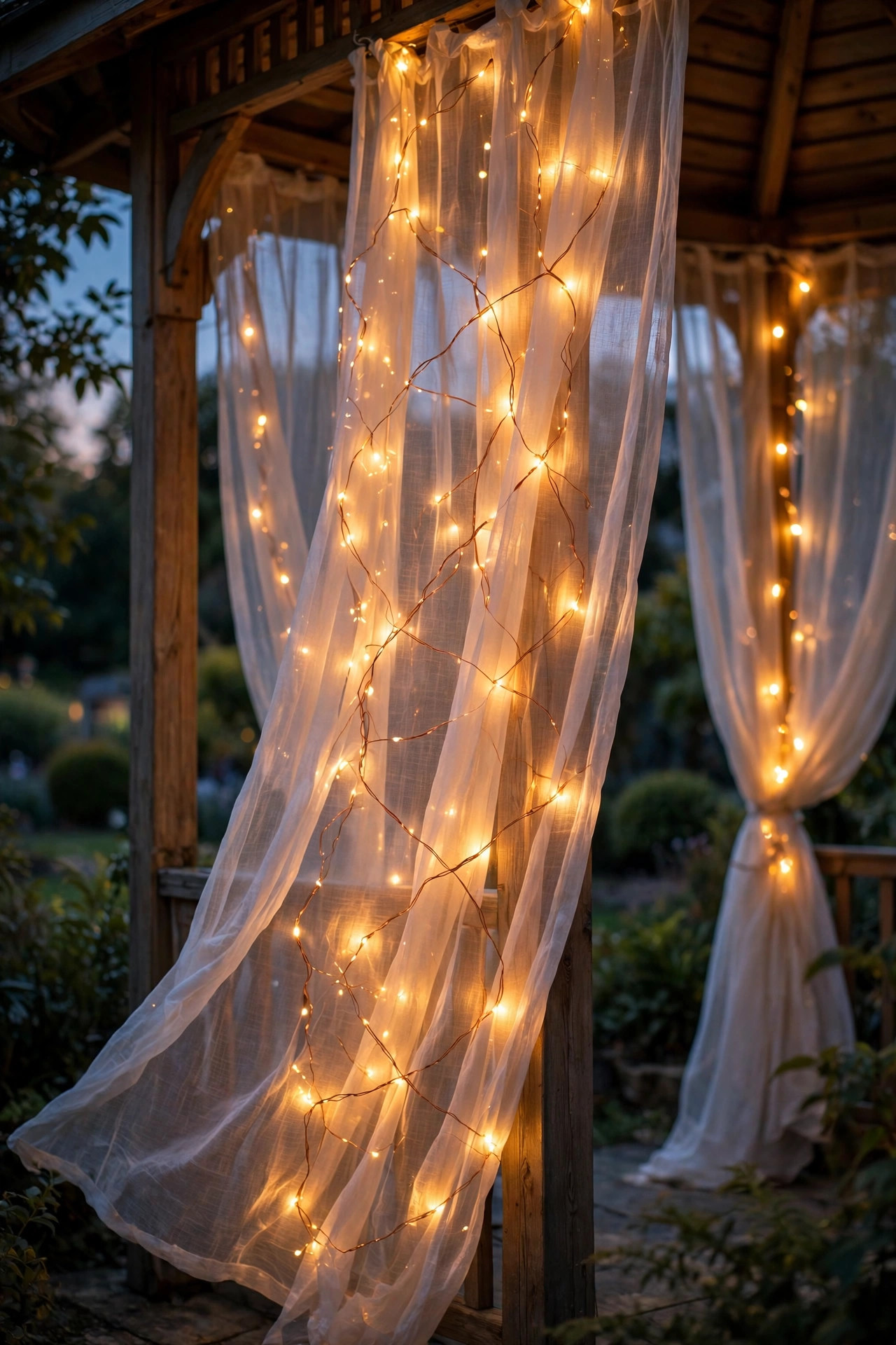 Copper-wire fairy lights woven through sheer gazebo curtain panels glowing at dusk