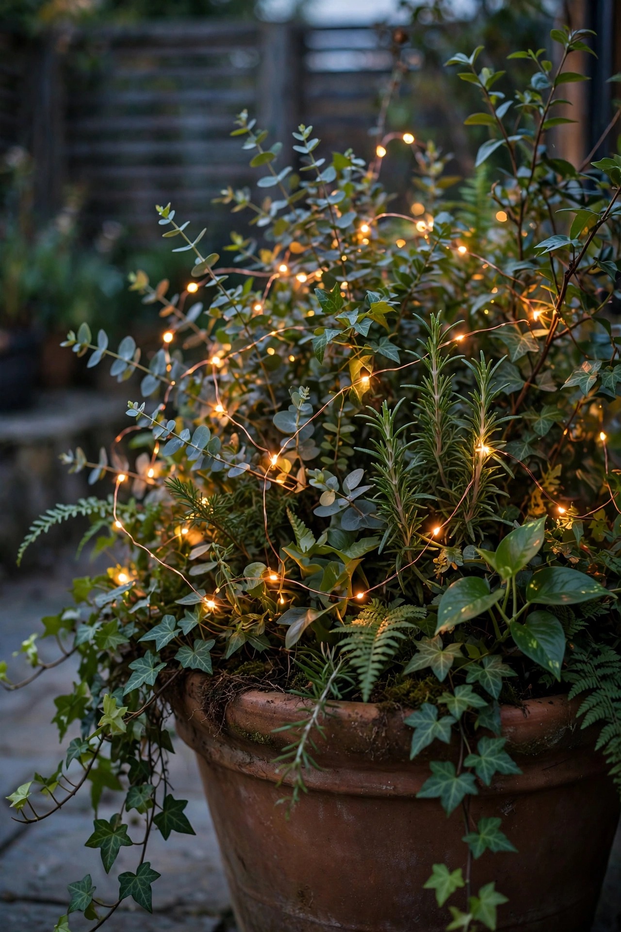 Copper-wire fairy lights woven through the green foliage of a large patio planter glowing softly at dusk