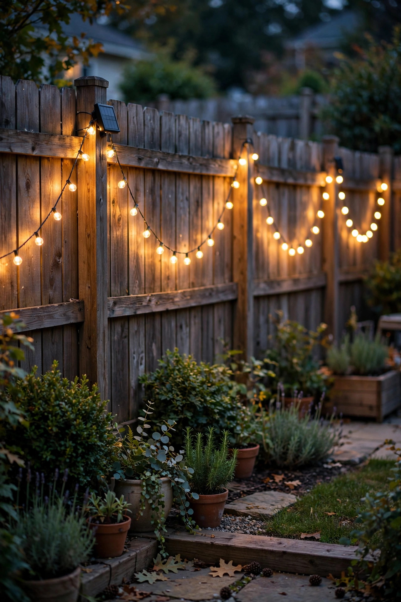 Solar string lights outdoor draped in swags along a wooden backyard fence at dusk, warm white glow