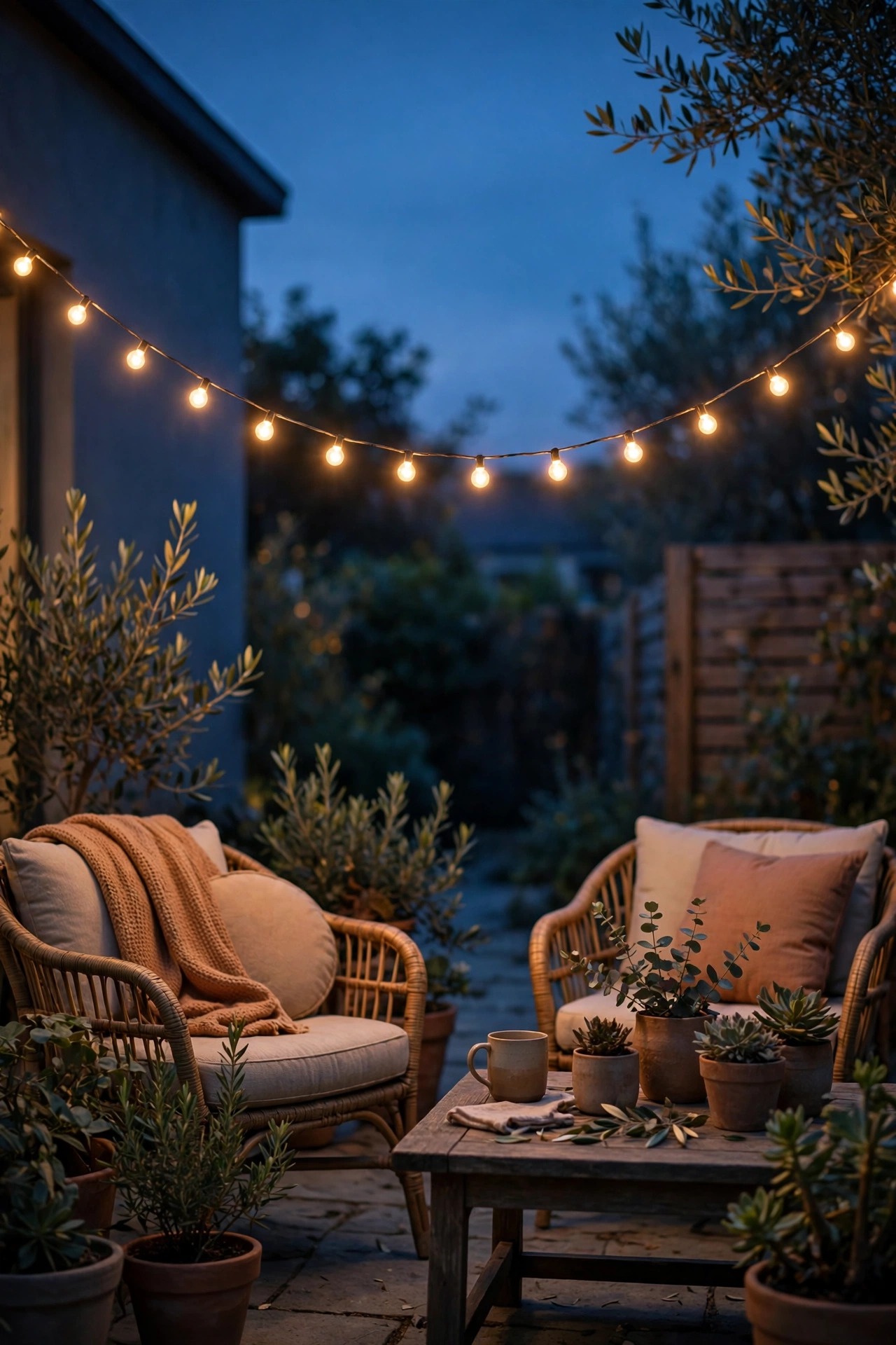 A single strand of warm smart string lights over patio seating at dusk dimmed to a cozy evening scene