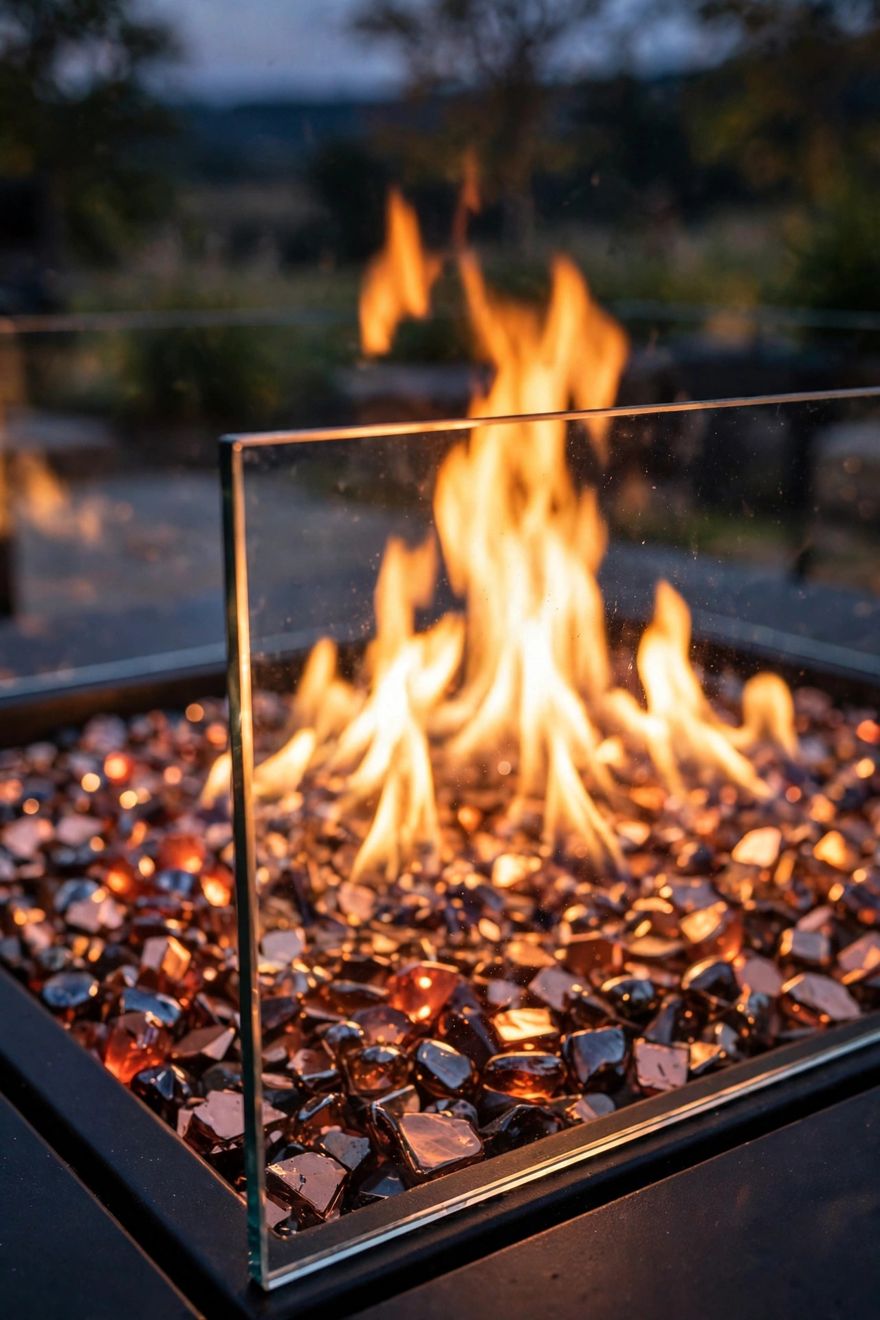Close view of a fire table flame behind a tempered glass wind guard with reflective copper fire glass glowing