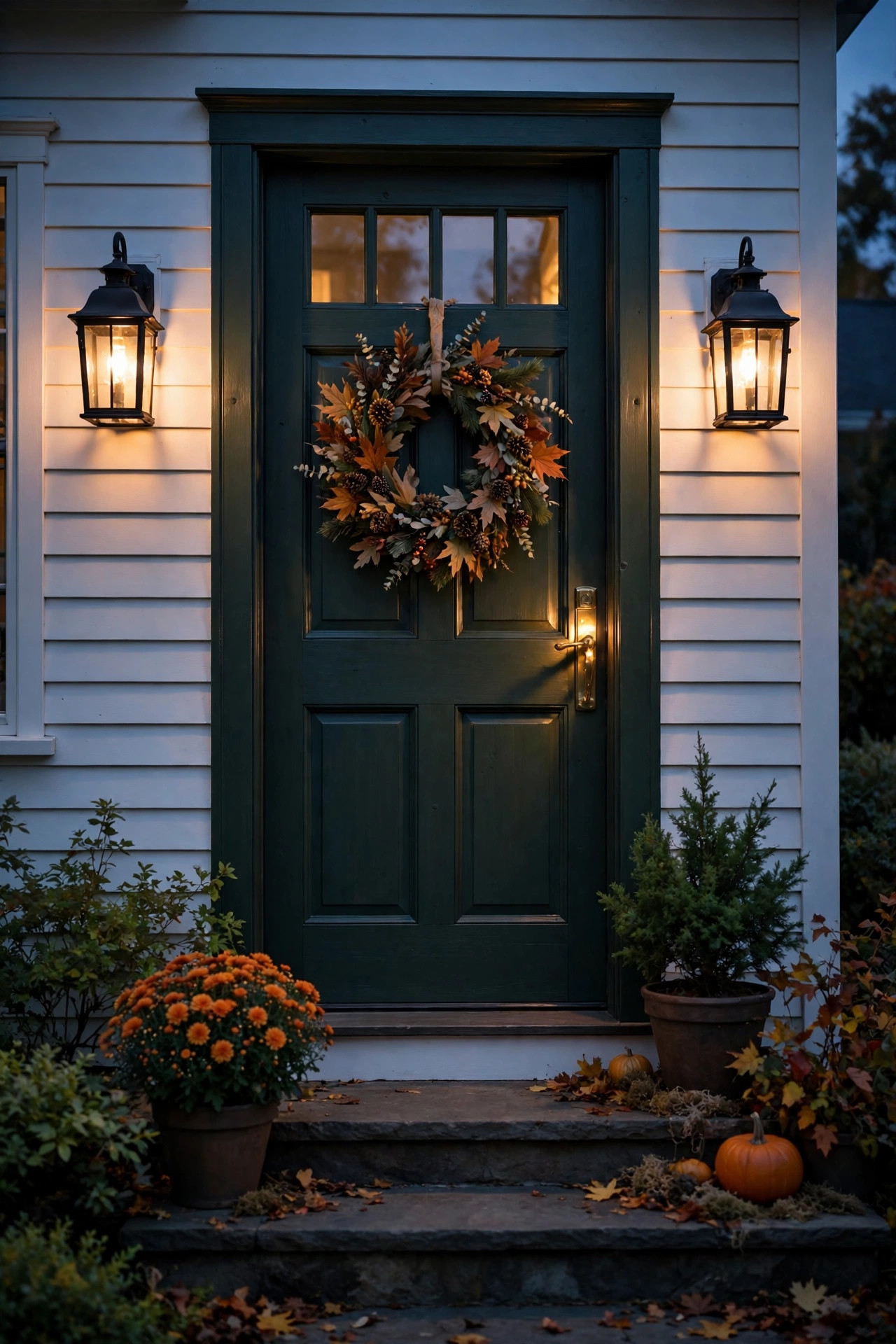 Pair of lantern-style wall sconces flanking a front door glowing warmly at dusk