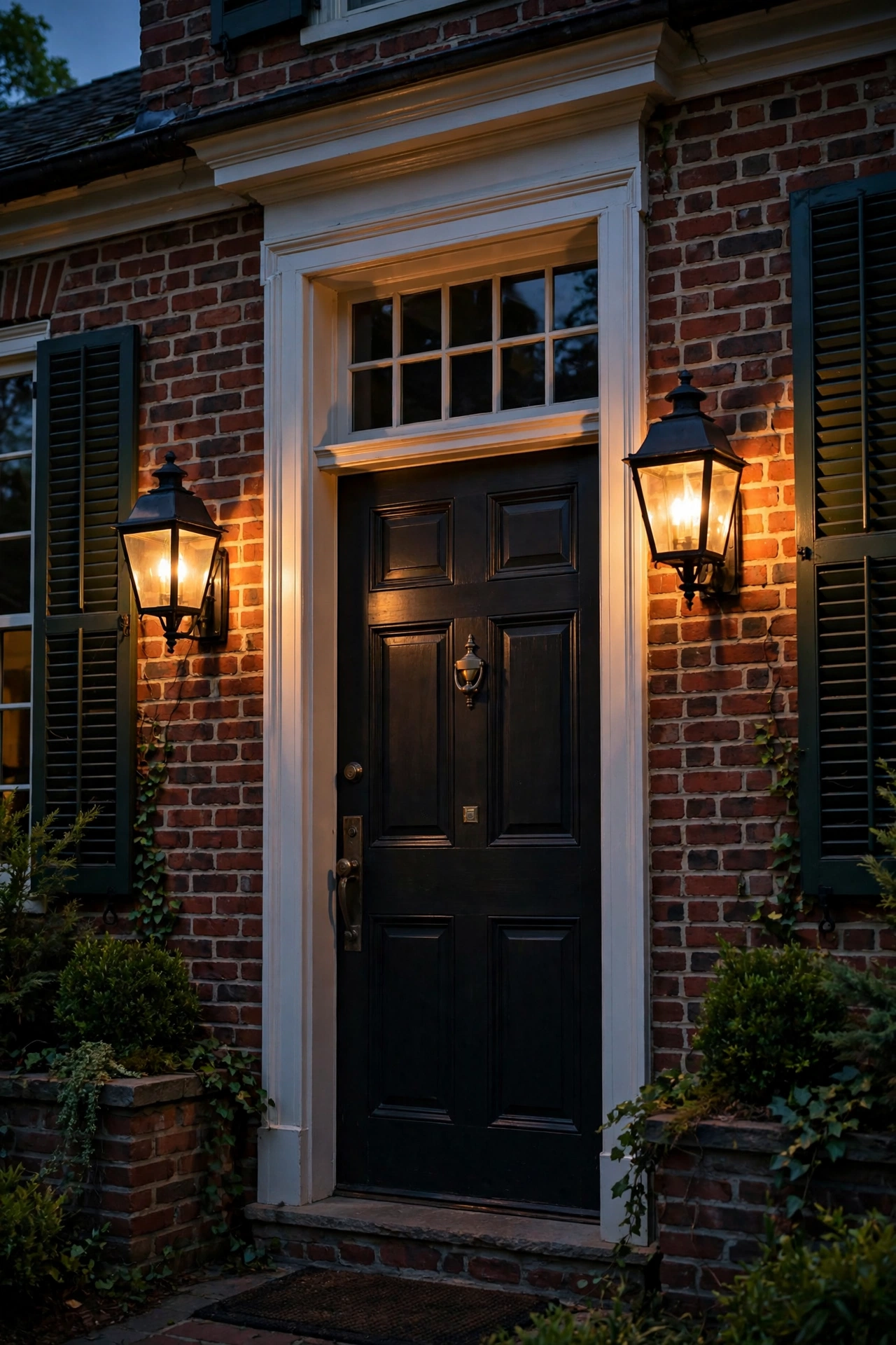 Pair of black colonial lantern wall sconces glowing warm beside a brick front door