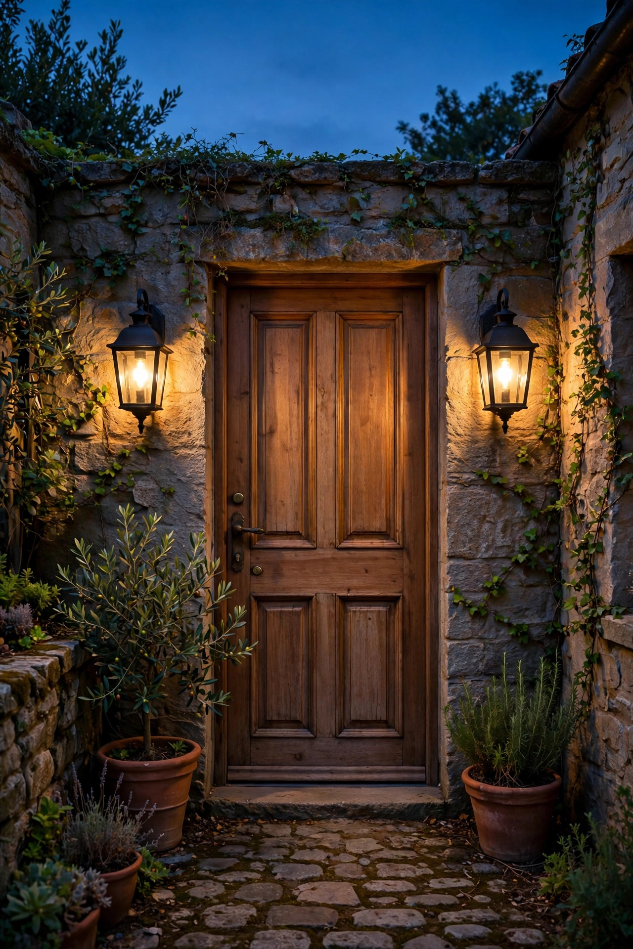 Pair of warm black lantern sconces flanking a wooden front door in a small courtyard entry at dusk