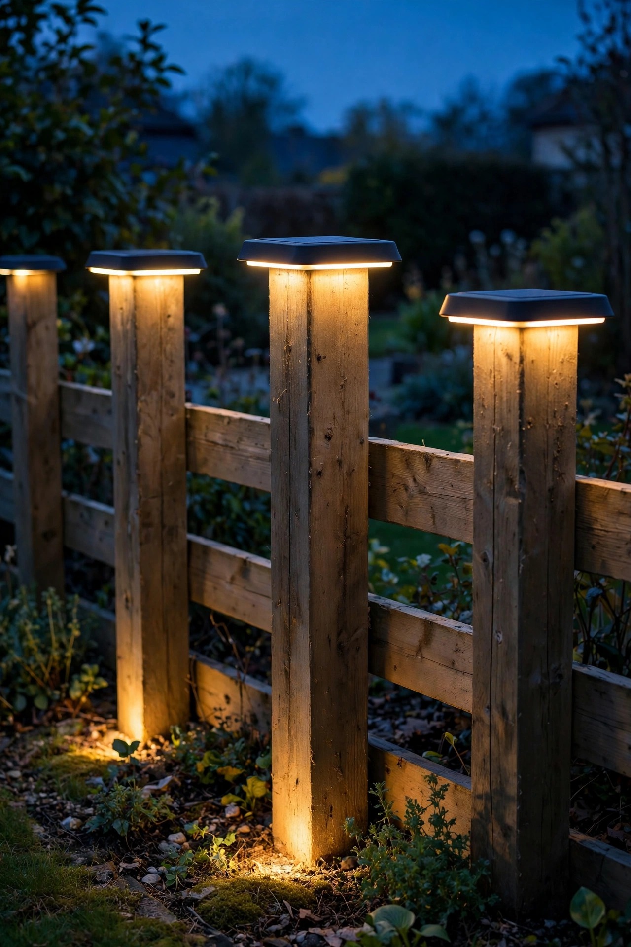 Photorealistic close view at dusk of flat-top solar post cap lights glowing warm white on standard wooden 4x4 fence posts, light pooling softly at the base of each post along a suburban garden fence