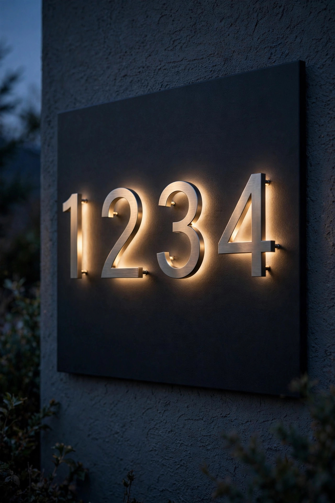 Floating metal house numbers with a warm halo glow on a matte black backlit address plaque