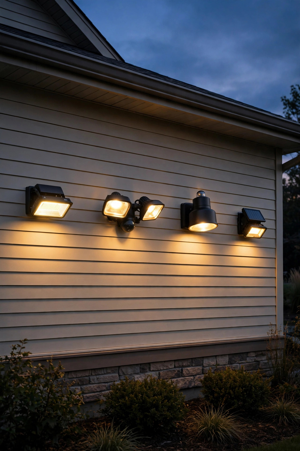 Four types of outdoor flood lights — single-head LED, dual-head motion sensor, dusk-to-dawn, and solar flood — compared side by side at dusk