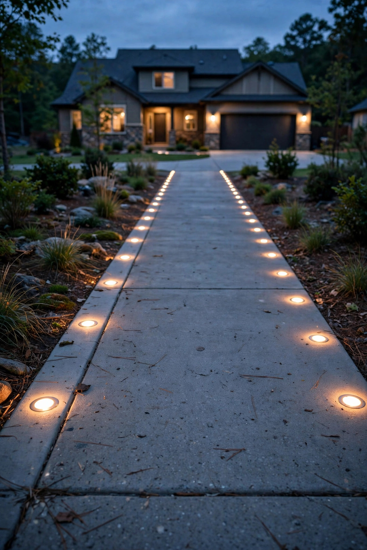 Flush in-ground solar driveway markers glowing warm white along both edges of a concrete driveway at dusk