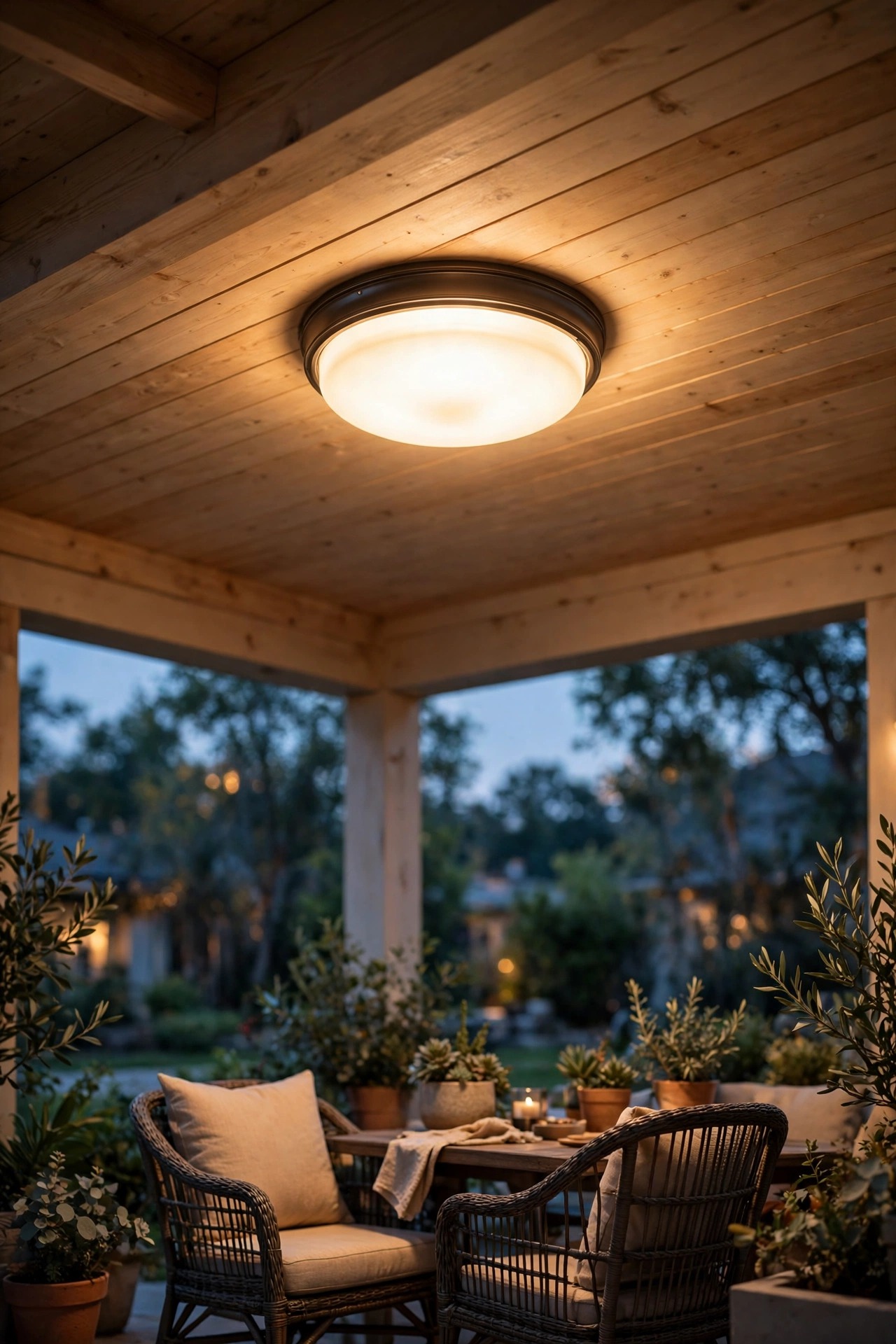Damp-rated flush-mount ceiling light glowing warm white on a covered patio ceiling above outdoor seating