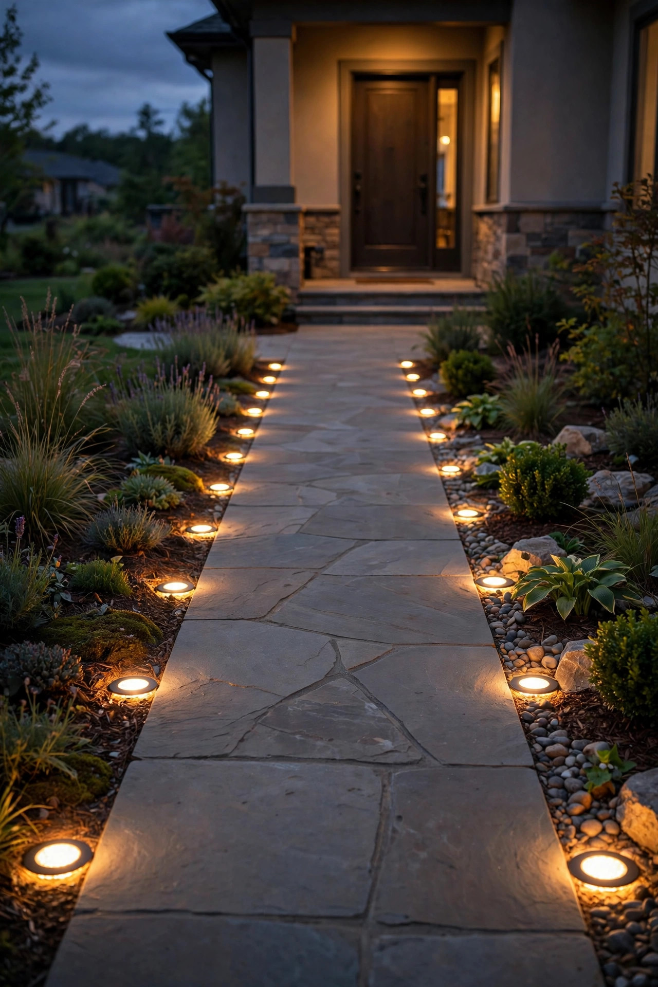 Flush solar disk lights spaced evenly along both edges of a front walkway at dusk
