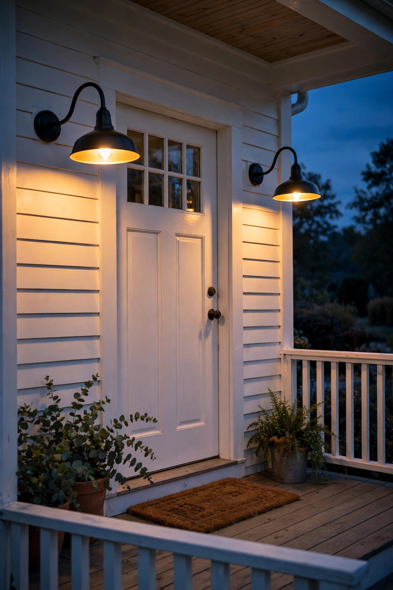 Pair of black gooseneck barn lights flanking a white farmhouse front door at dusk