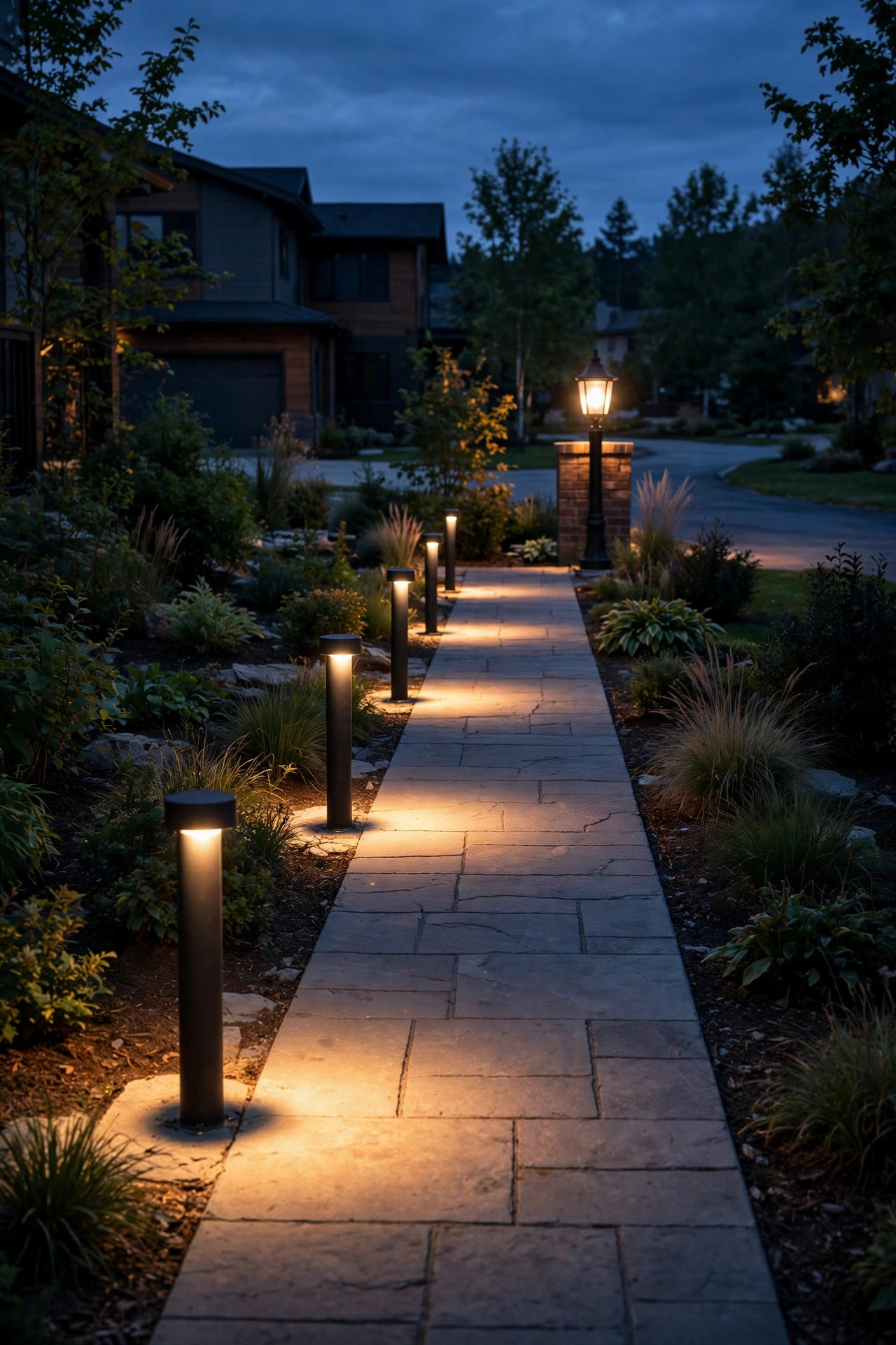 Low bollard lights casting round pools of warm light along a front walkway at dusk with a post light glowing at the driveway end