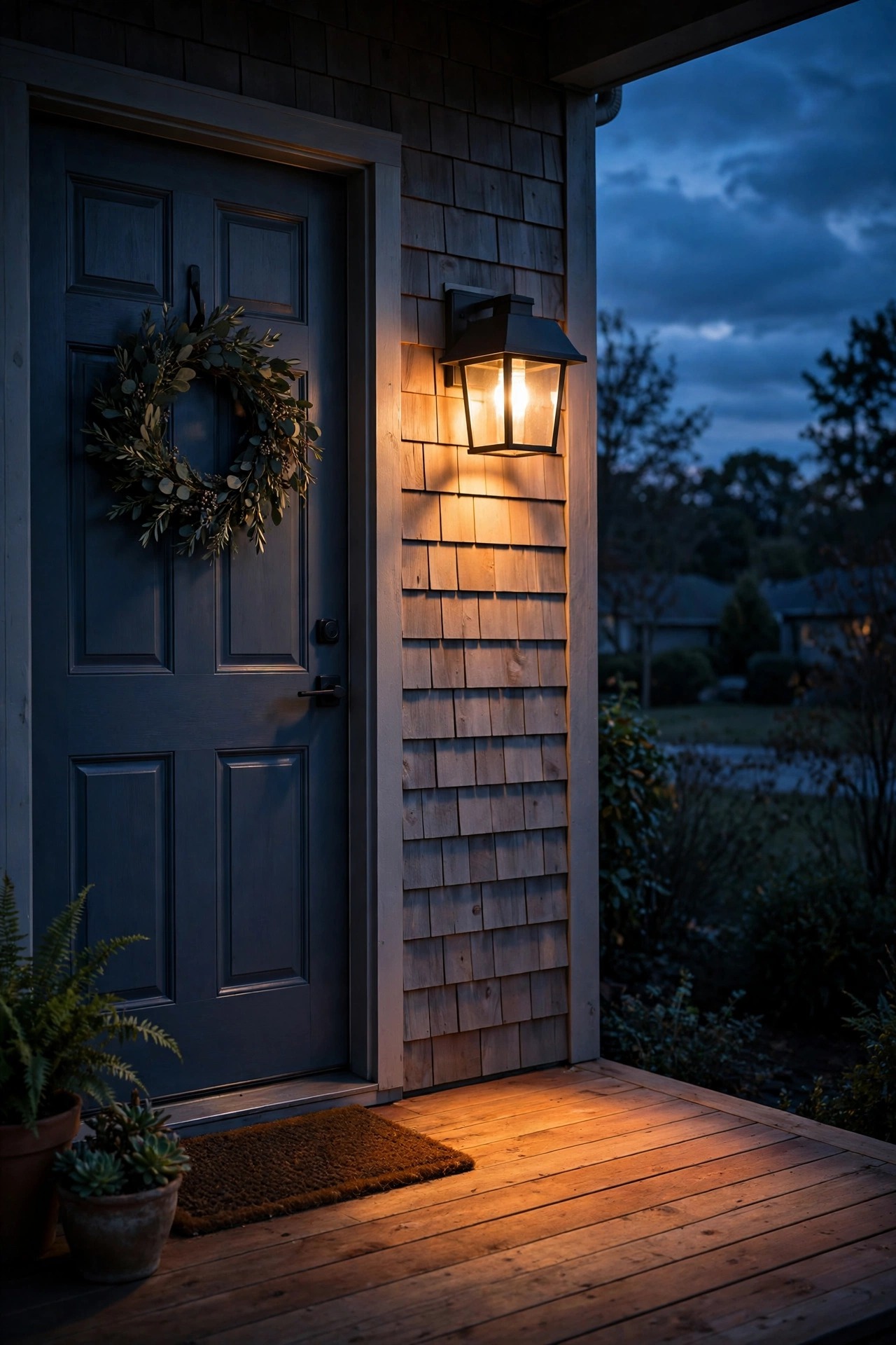 Full-cutoff porch lantern with solid metal top mounted beside a front door, casting a warm pool of light downward onto the porch floor