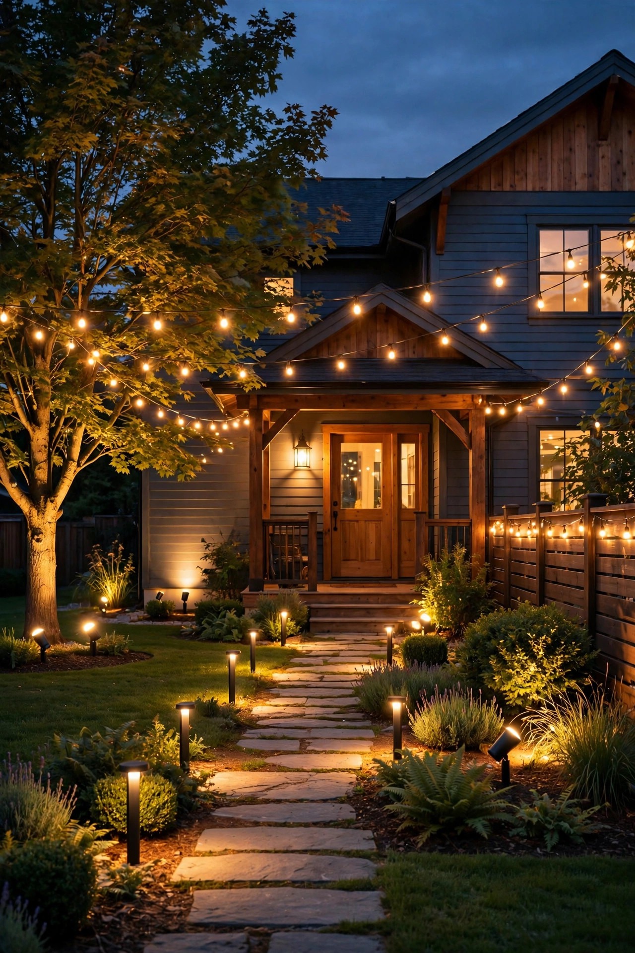 Photorealistic warm dusk view of a front yard with every light switched on at once, porch lantern, path lights, spotlights and string lights all glowing for inspection