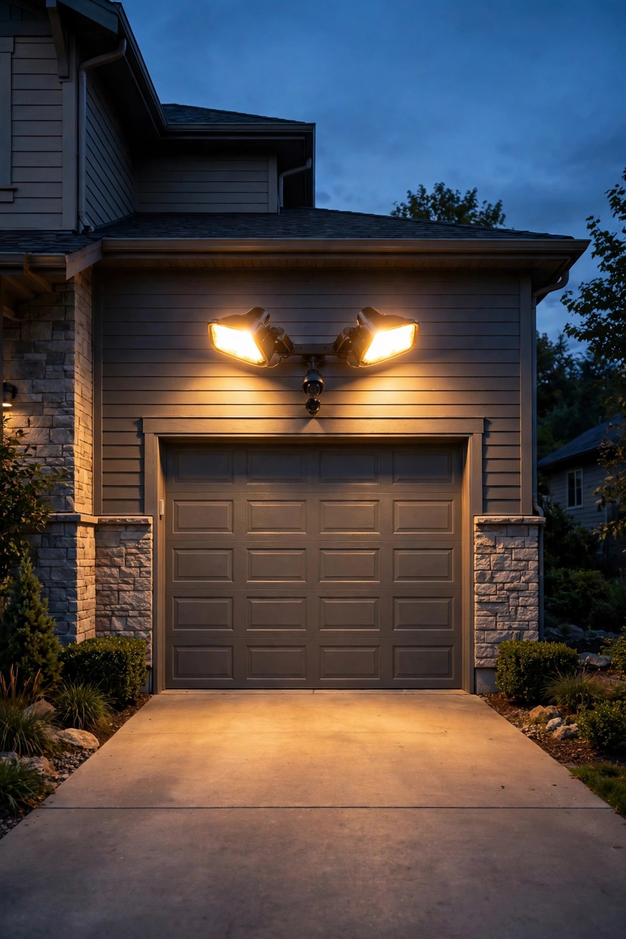 Dual-head flood light with camera centered above a garage door at dusk, warm light washing over a two-car driveway