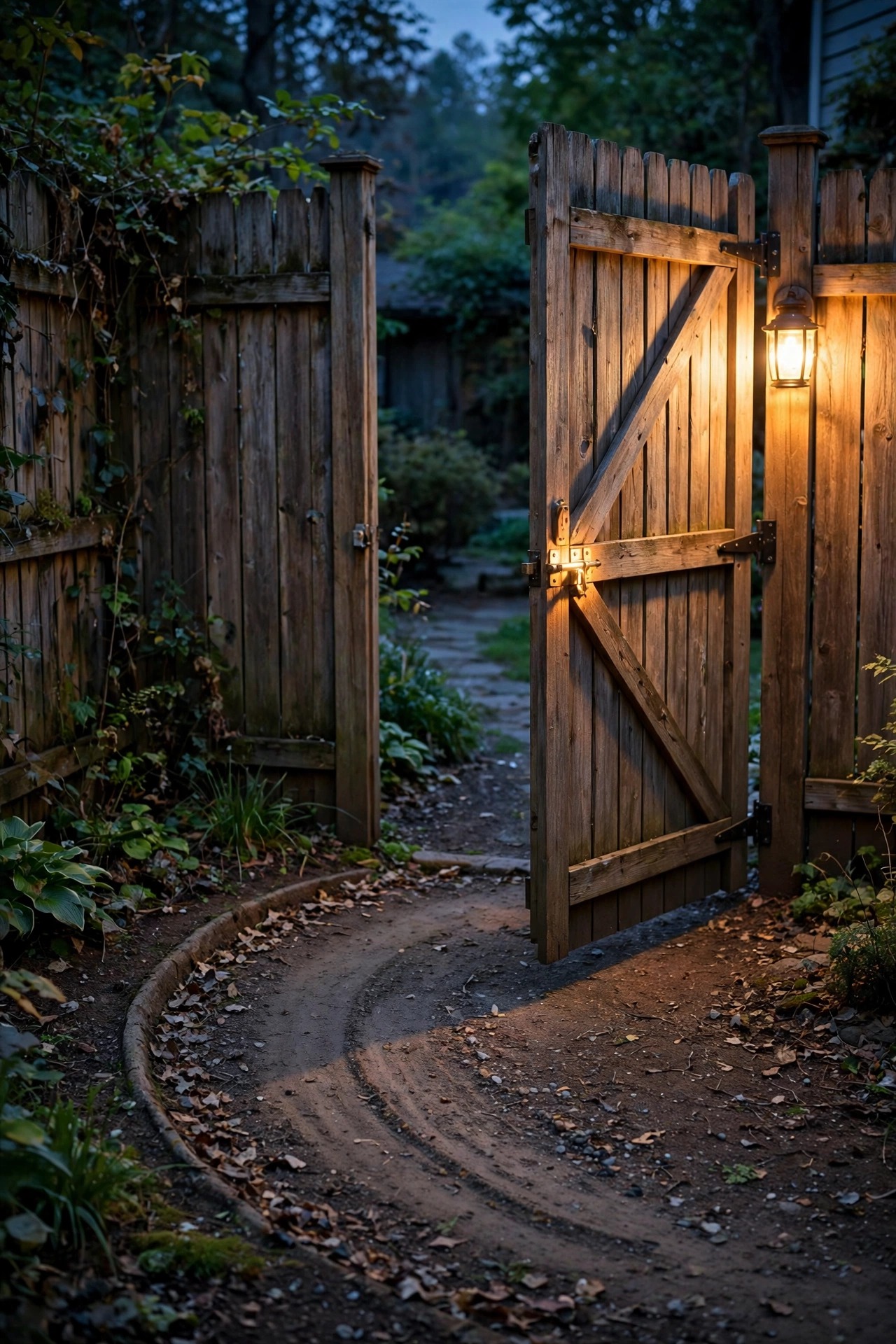 Wooden side yard gate swung open at dusk with warm light marking the latch side and the clear arc of the swing