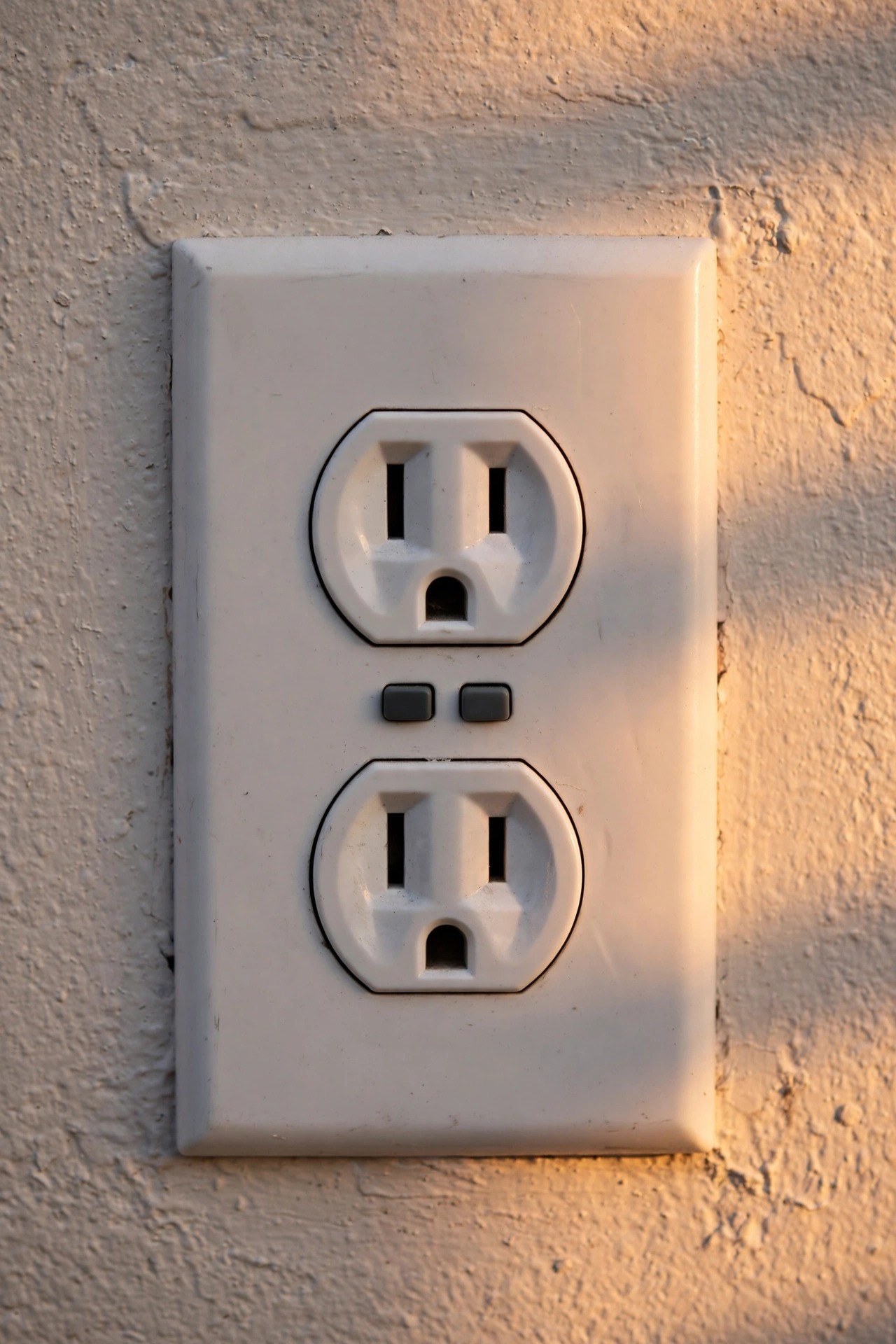 Close-up of a GFCI outlet showing the TEST and RESET buttons between the two sockets