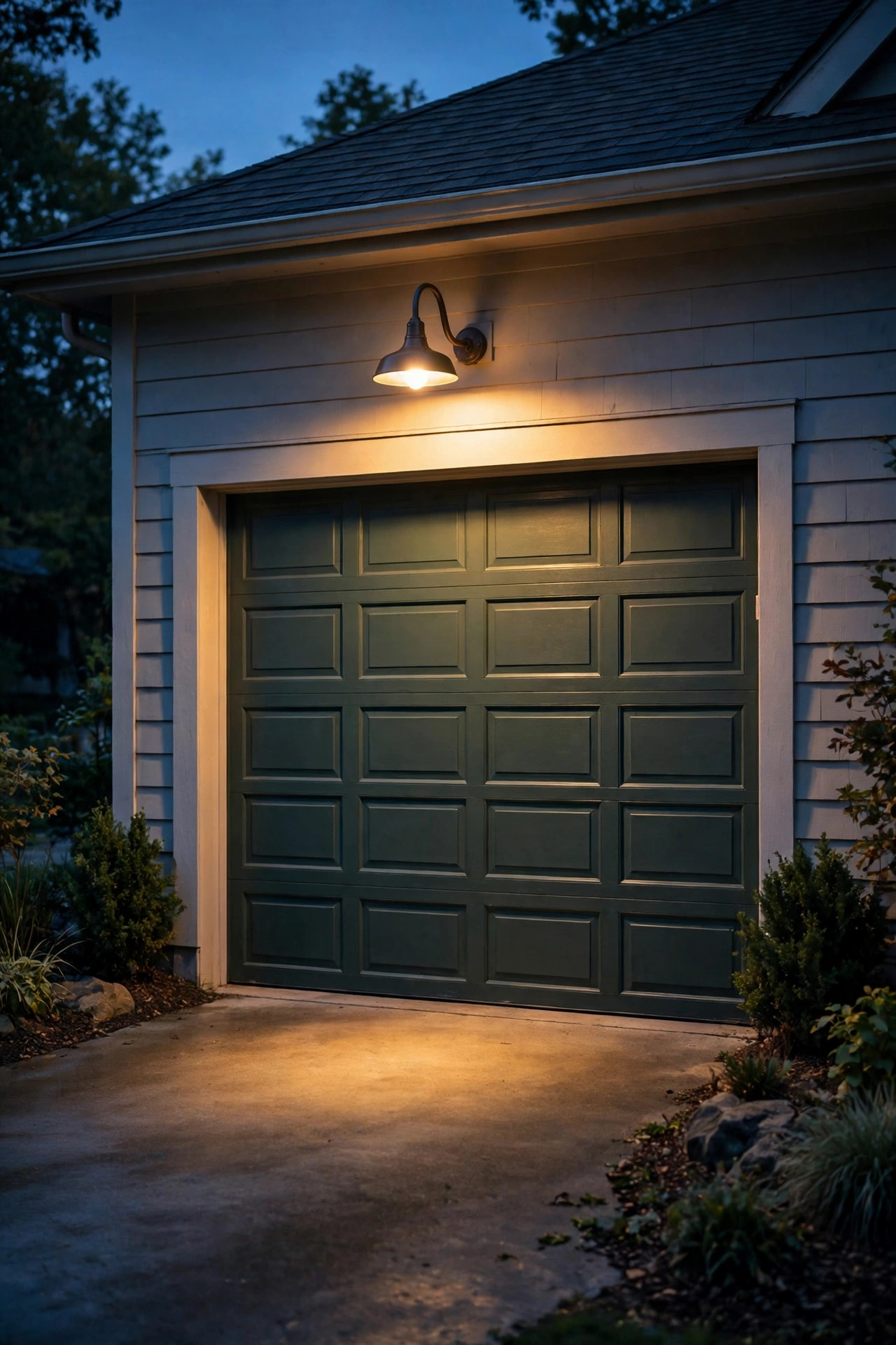Gooseneck barn light centered above a garage door casting a warm pool of light on the driveway at dusk