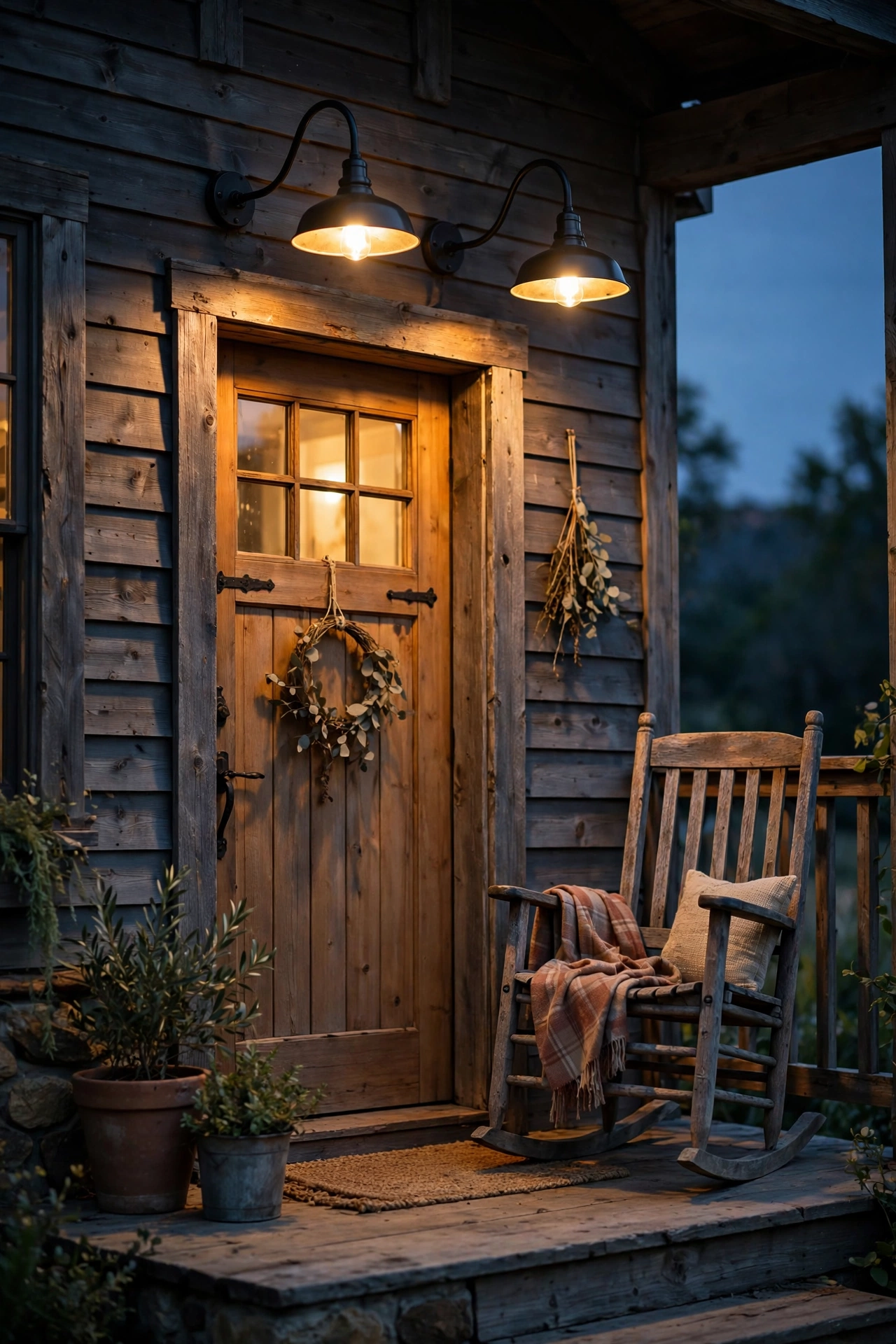 Galvanized gooseneck barn light glowing warmly above a farmhouse front door at dusk