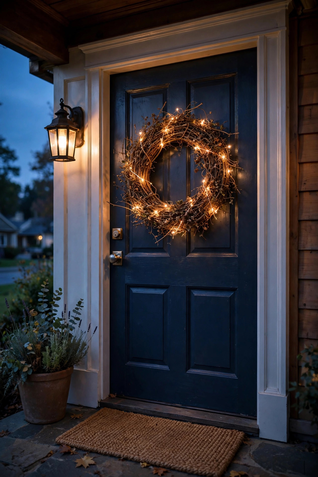 Grapevine wreath wrapped in warm-white fairy lights hanging on a front door at dusk