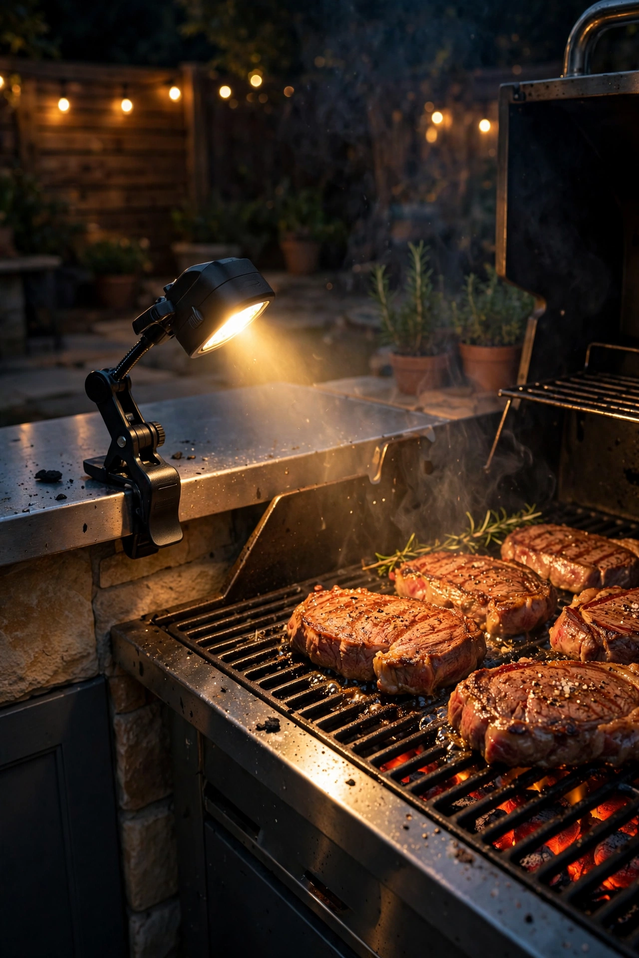 Clip-on LED task light illuminating grill grates at night while steaks cook