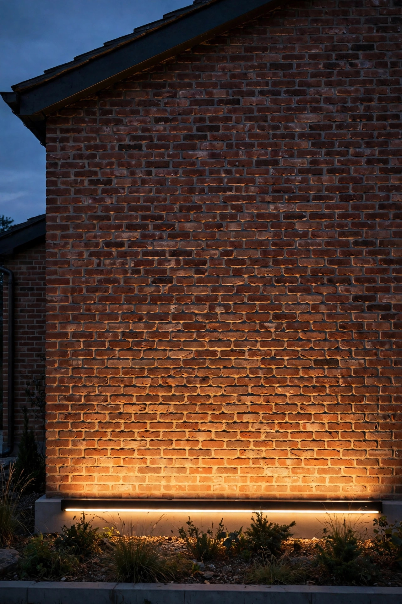 Linear LED wash bars at the base of a brick house facade grazing warm light up the textured wall at dusk