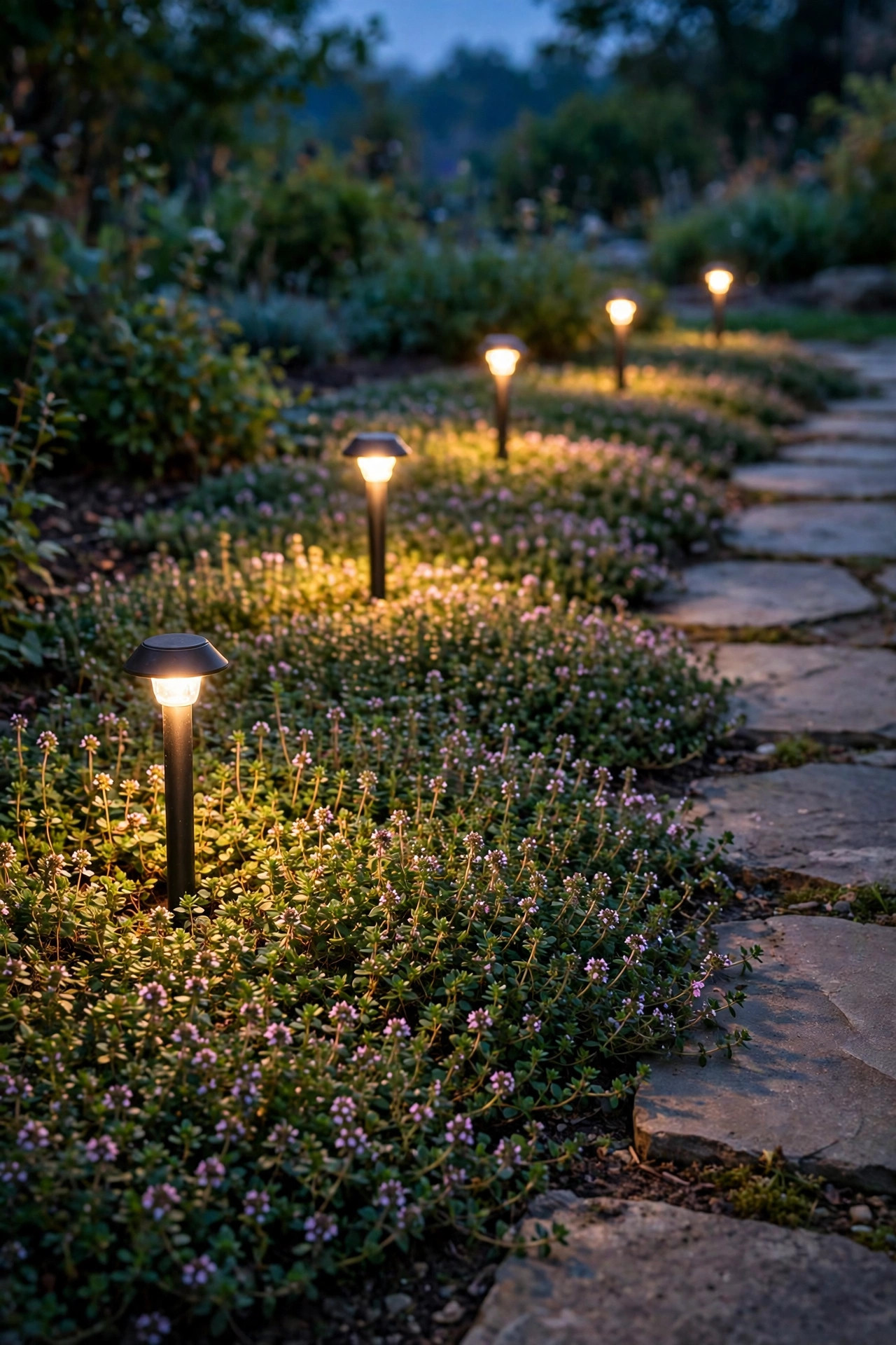Short six-inch path light stakes glowing above a mat of creeping thyme beside a stone walkway at dusk
