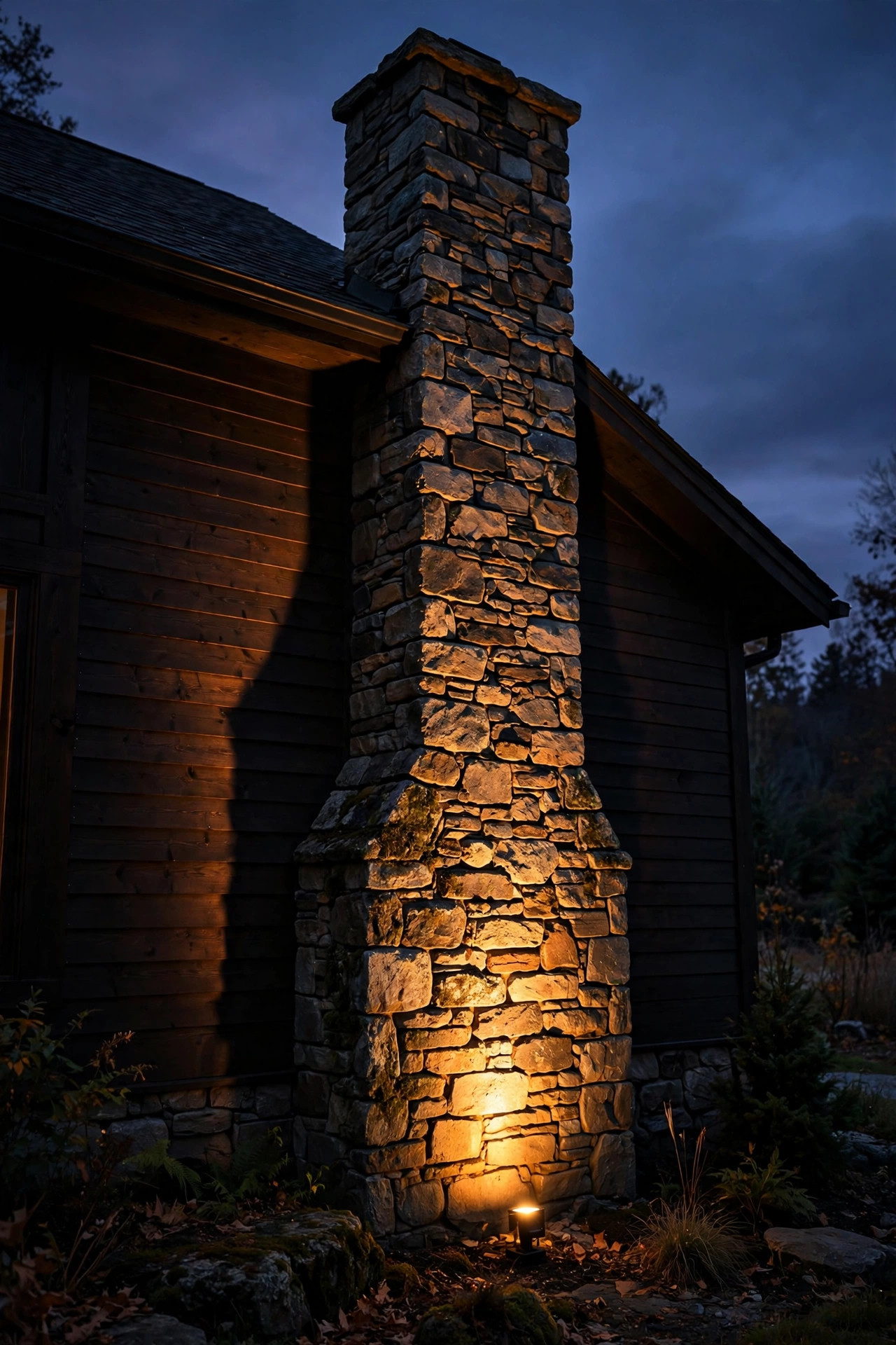 Single warm spotlight uplighting a stone chimney on a house facade at night, dramatic light and shadow