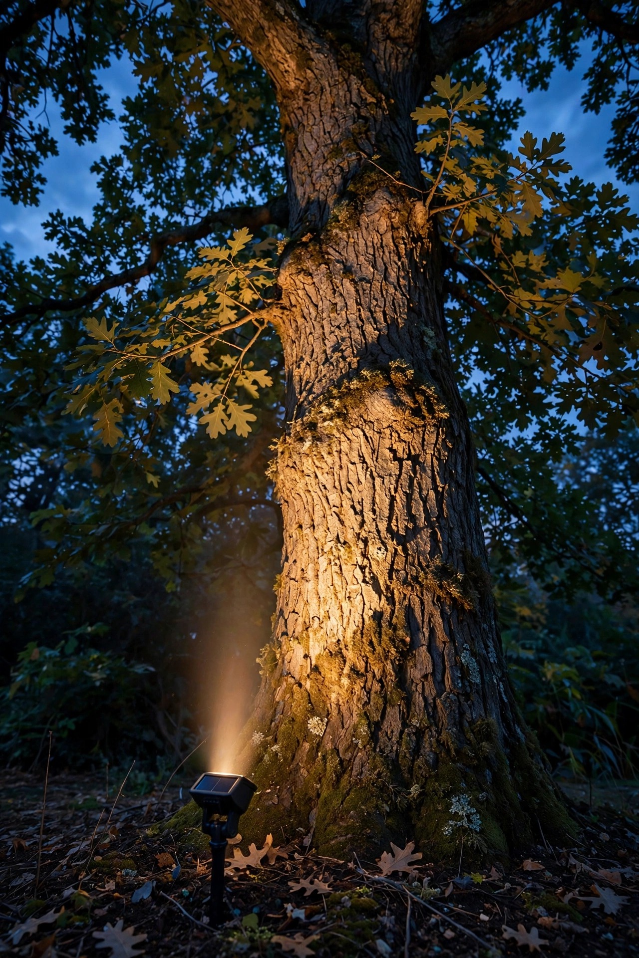 Single solar spotlight staked at the base of a large oak tree, warm beam climbing the trunk into the lower canopy at dusk