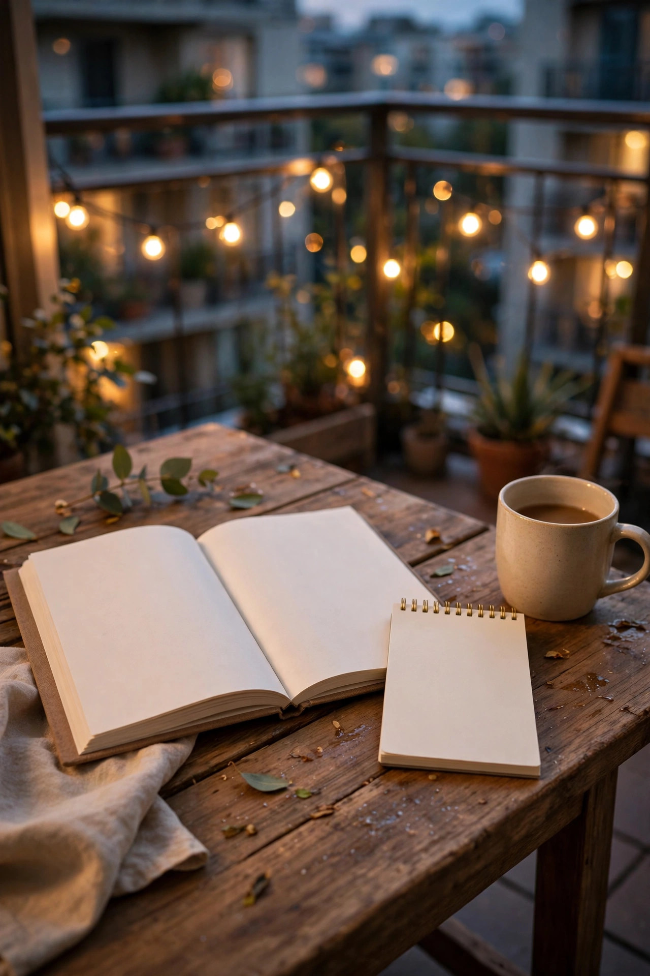 Open HOA handbook and a notepad on a condo balcony table beside a mug, planning warm balcony lighting at dusk